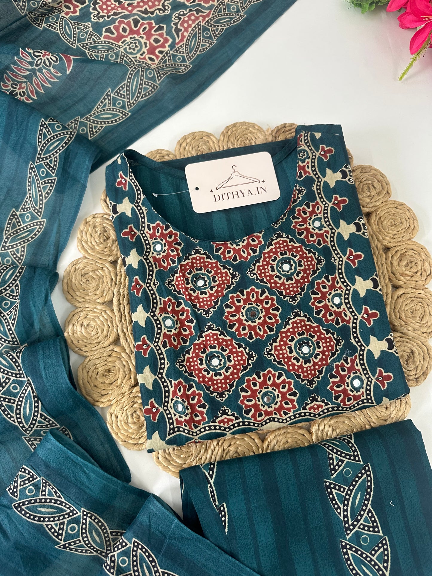 K100 - Mul cotton printed straight Kurti with pants and dupatta