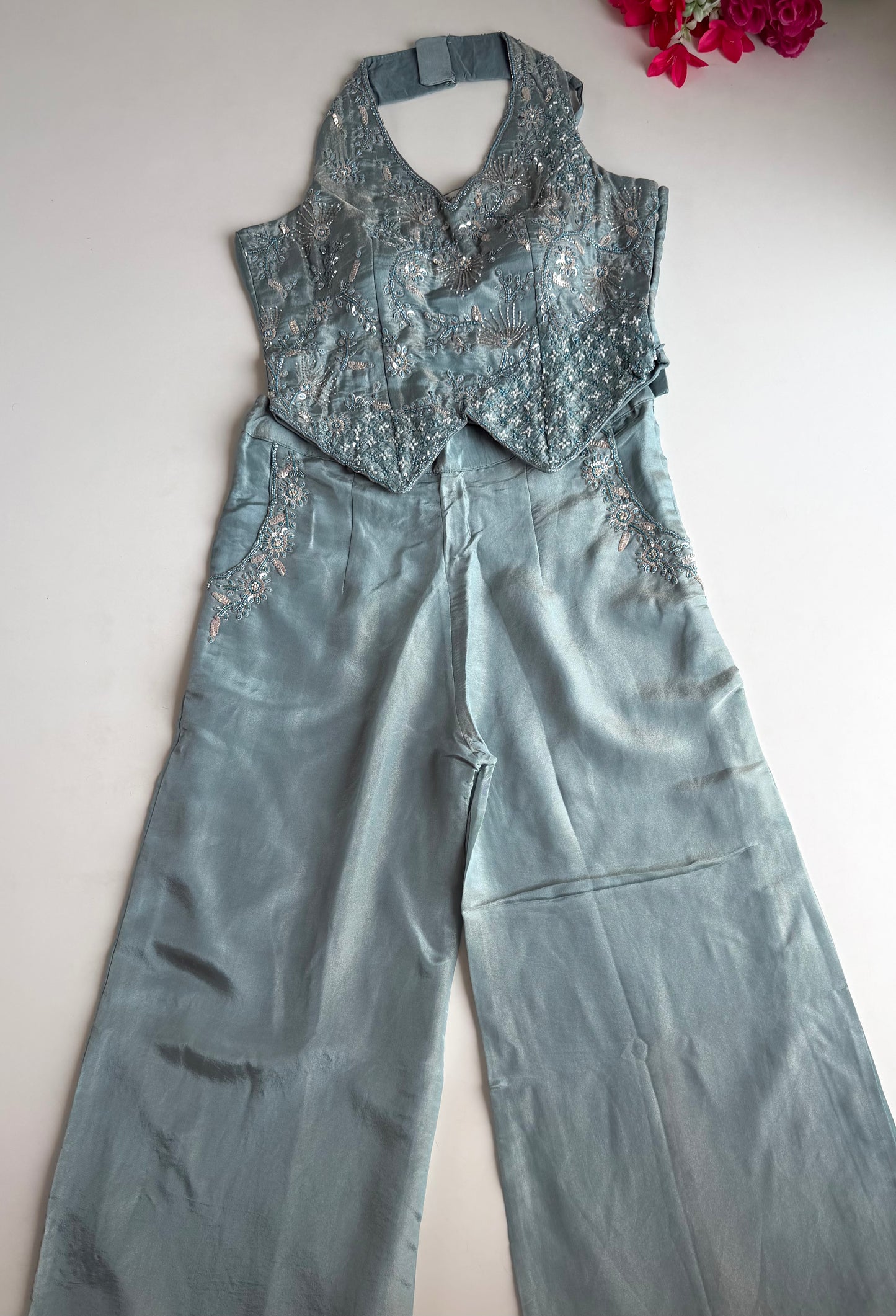 K533 - Tissue silk handwork crop top with divider pants in 3 colours