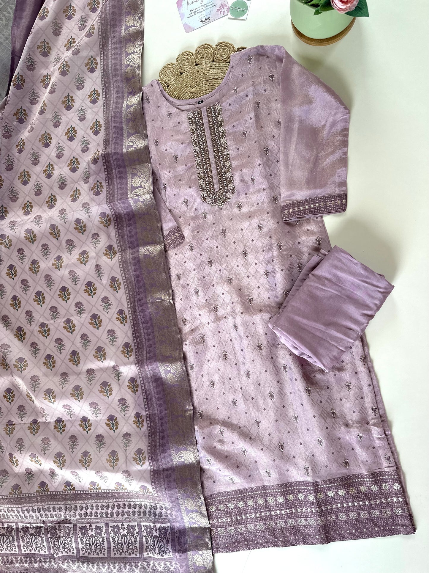 K257 - Shimmer Tissue silk handwork straight kurti with pants and silk dupatta .