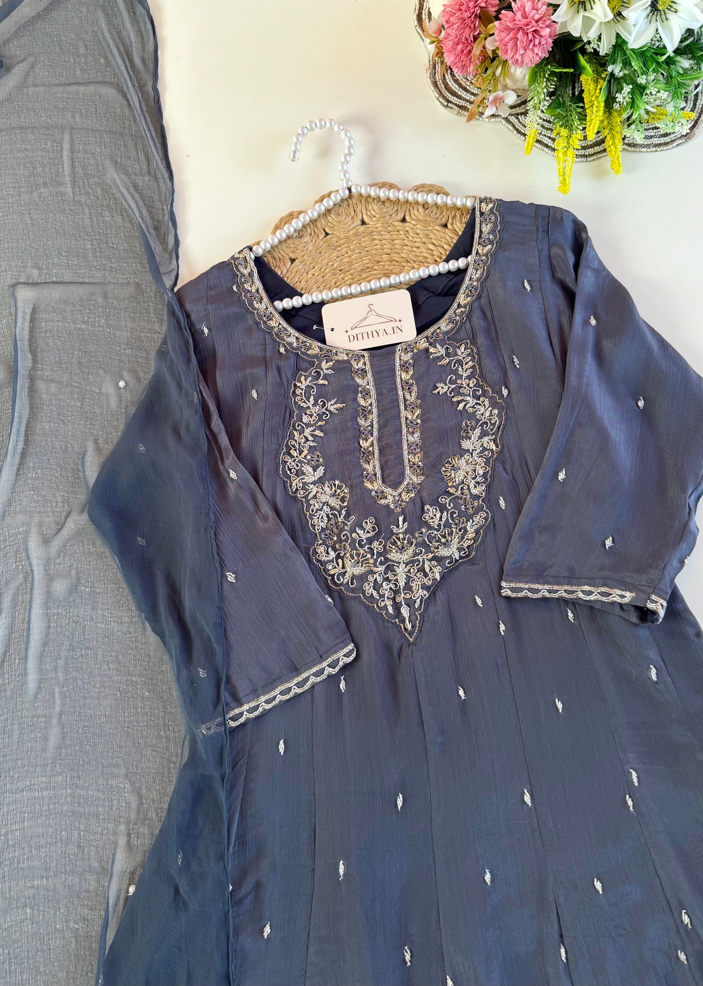 K194 - Pure Chinnon handwork Anarkali with pants and dupatta