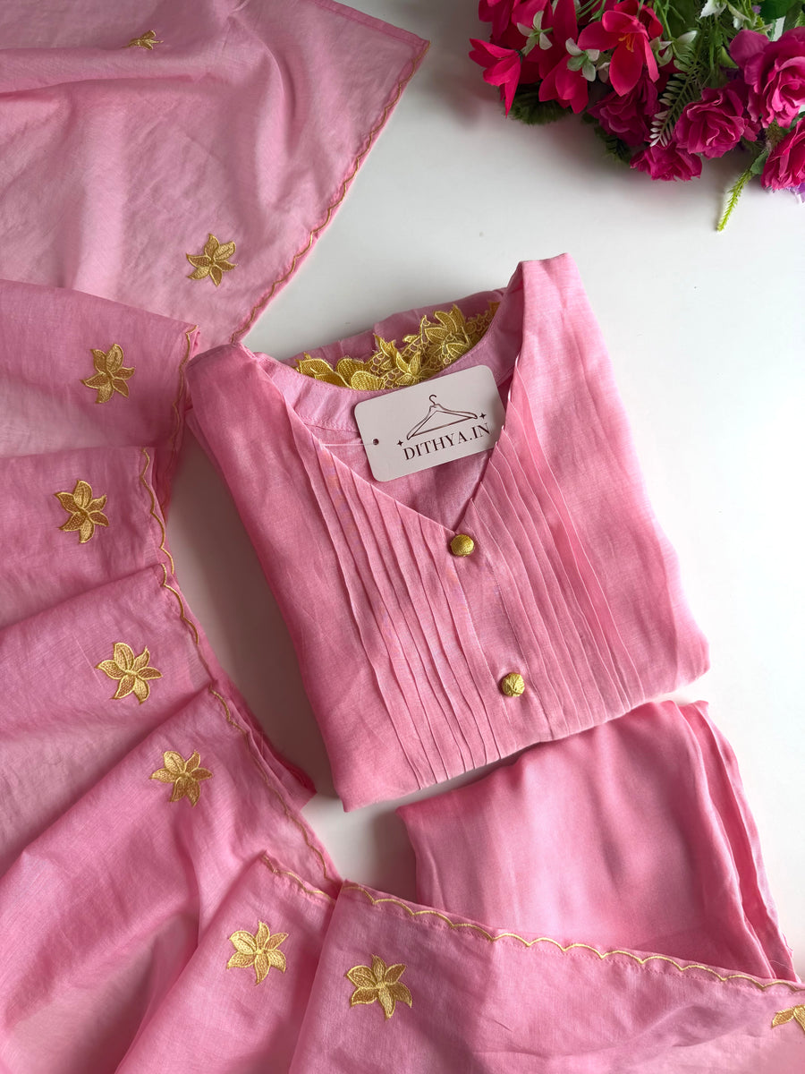 K622 - Mul chanderi appliqué embroidered Anarkali with pants and dupatta