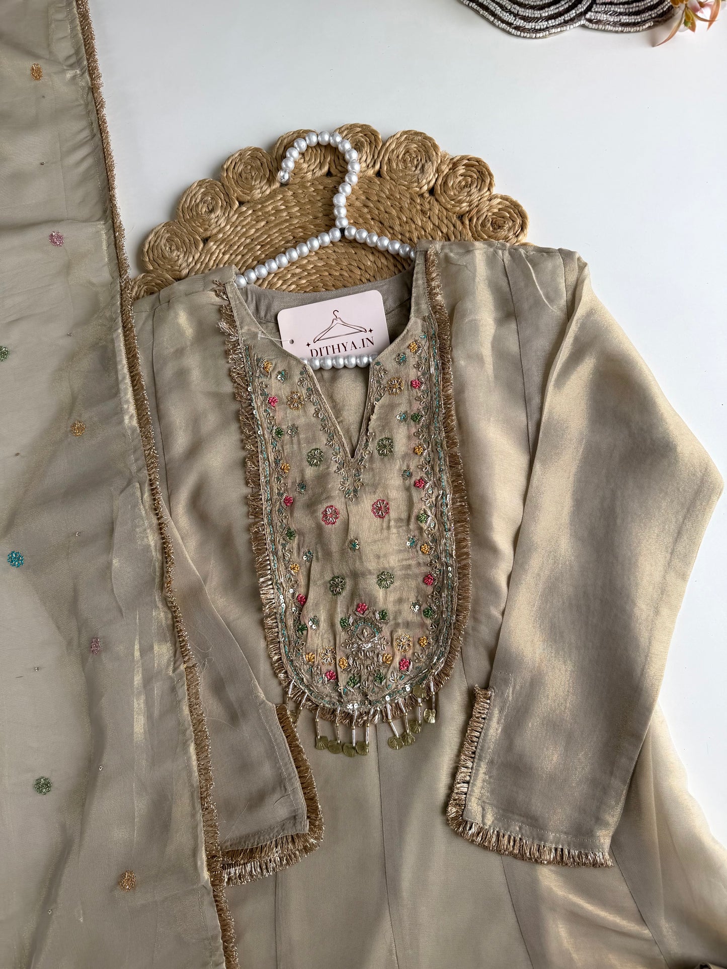 K607 - Tissue silk handwork aline Kurti with pants and dupatta
