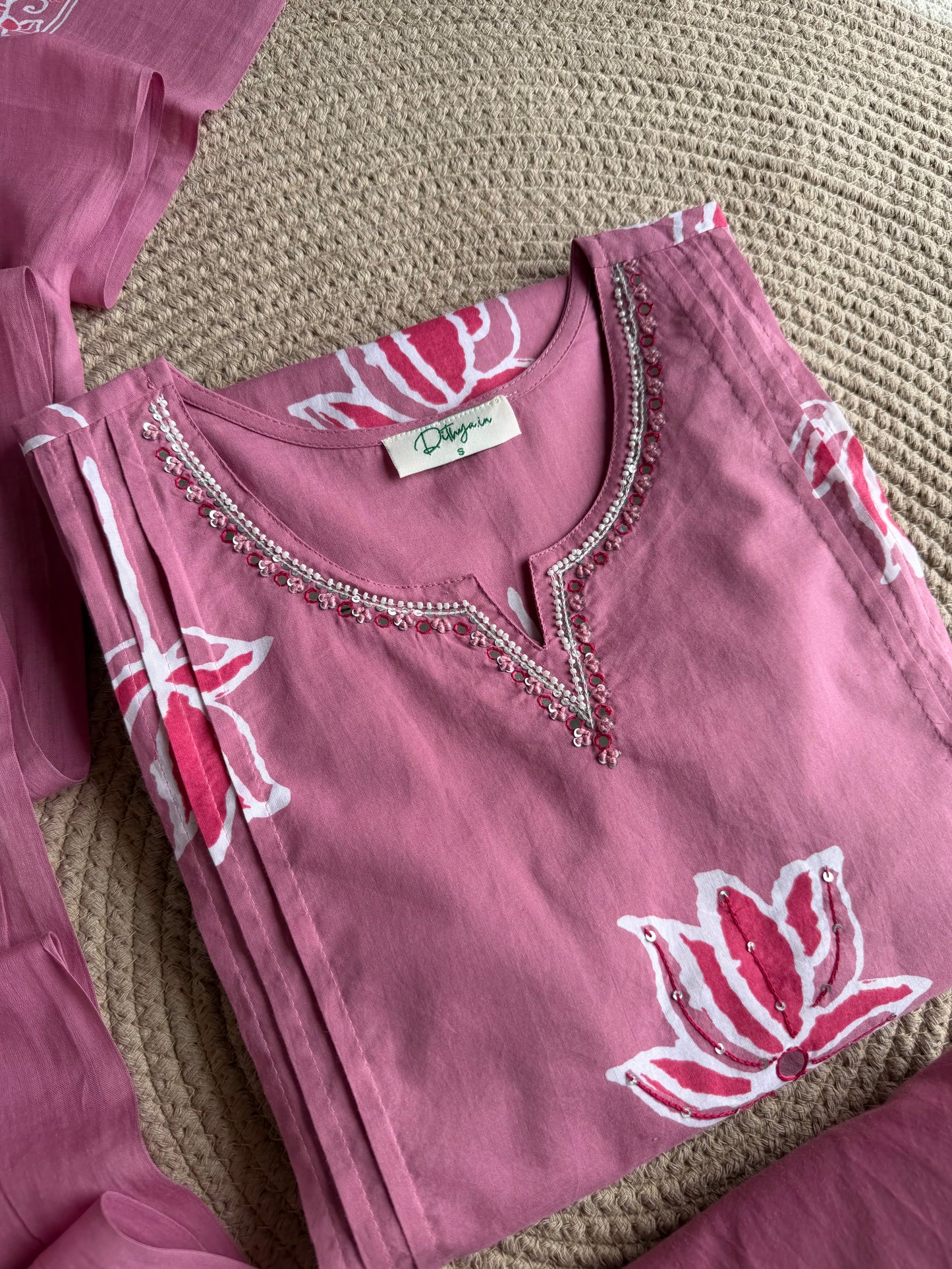 K164 - Mul cotton embroidered Aline Kurti with pants and dupatta in 3 colours