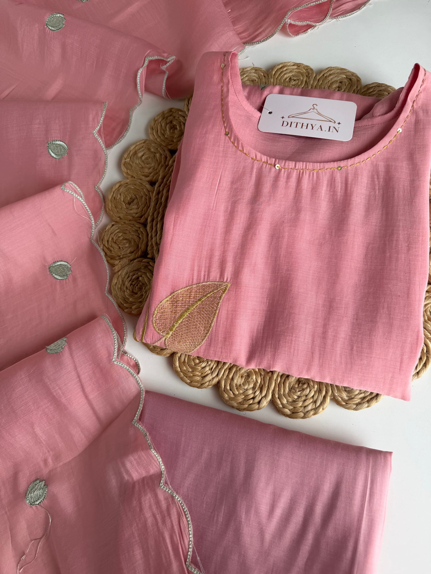 K486 - Muslin embroidered straight Kurti with pants and dupatta