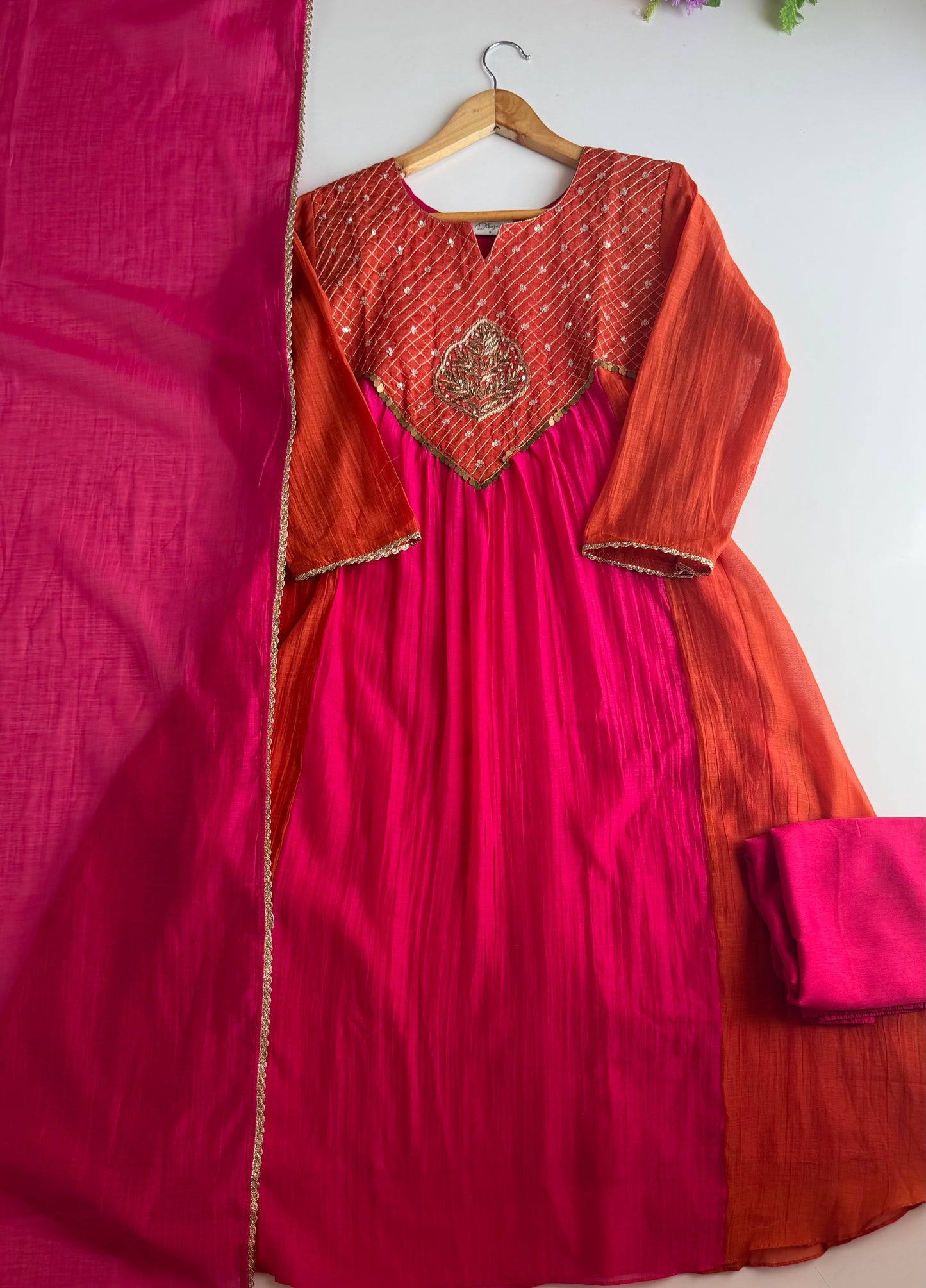 K603 - Mul chanderi handwork Anarkali with pants and dupatta in 2 colours