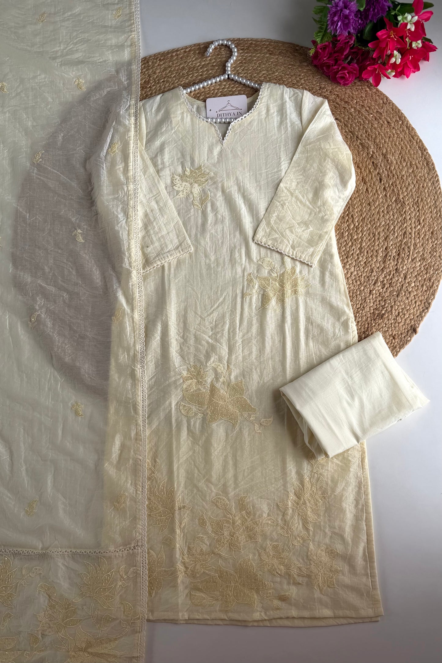 K006 - Crushed muslin embroidered straight Kurti with pants and dupatta