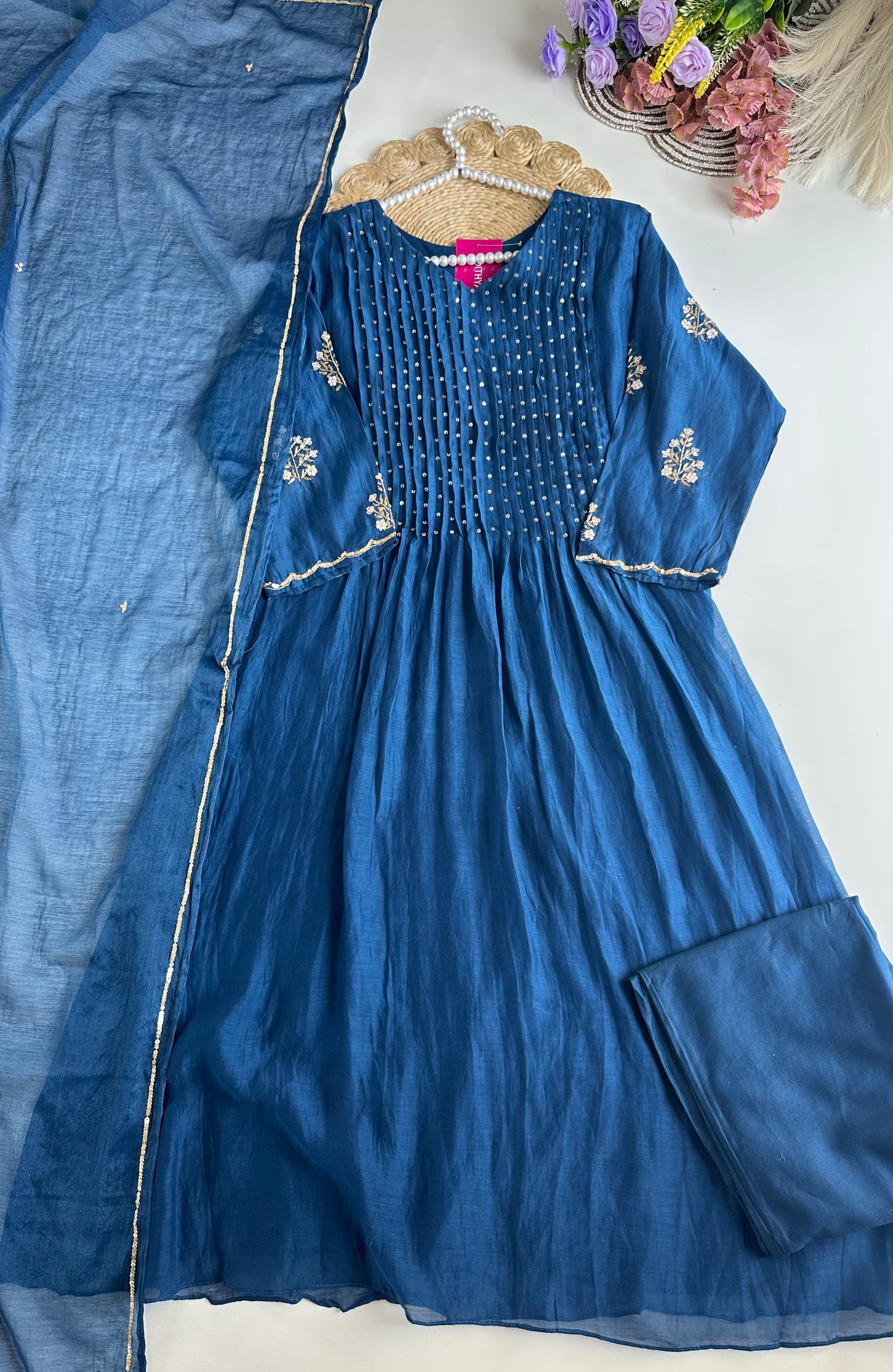 K210 - Mul Chanderi handwork Anarkali with pants and dupatta in 2 colours