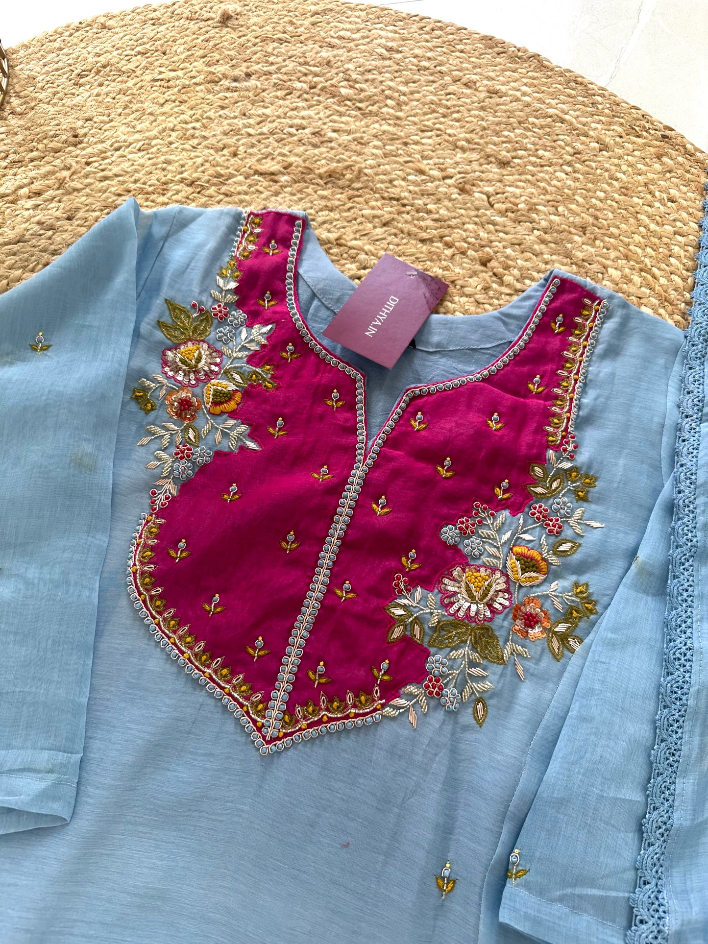 K123 - Mul Chanderi handwork Aline Kurti with pants and dupatta .