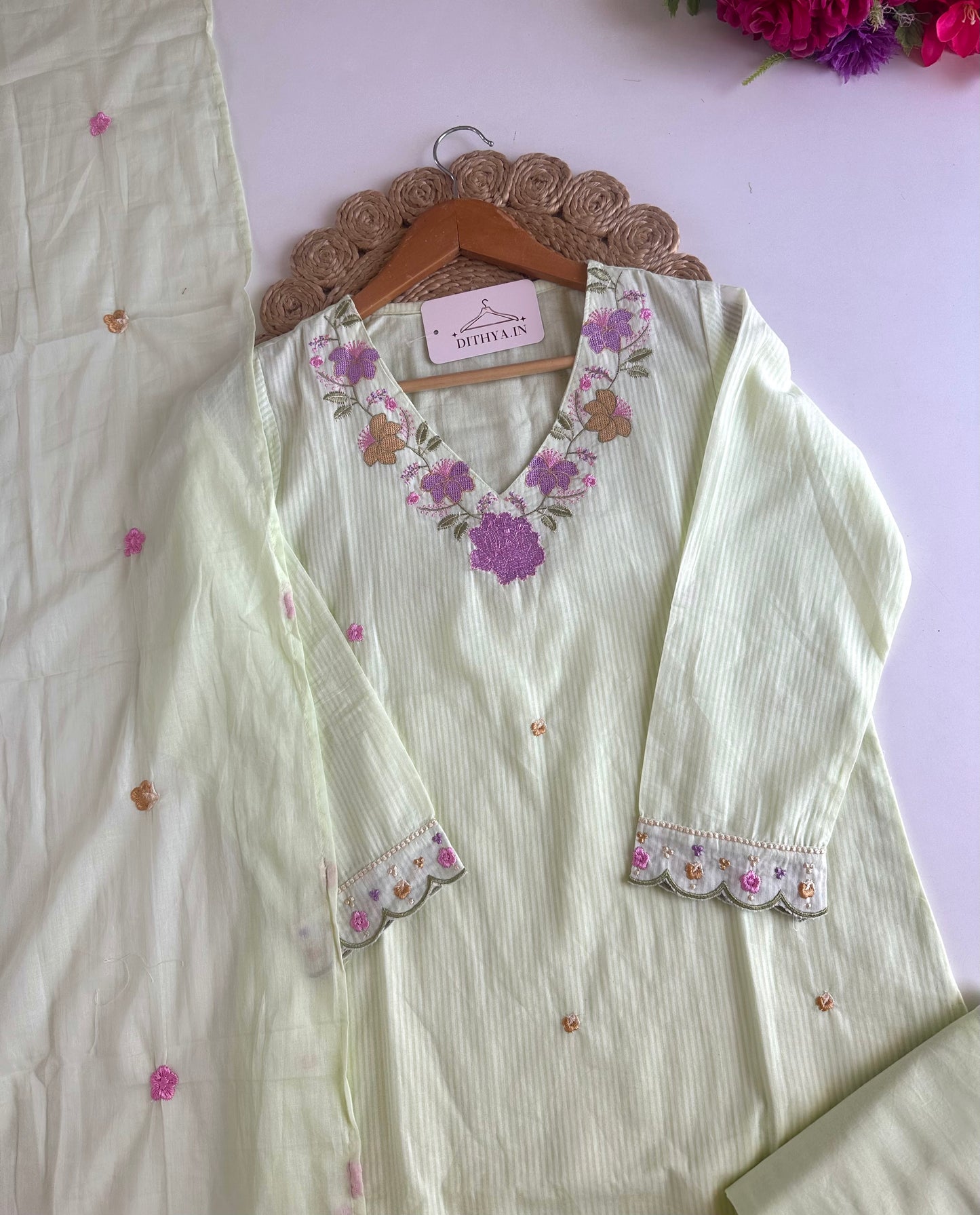 K526 - Mul cotton embroidered straight Kurti with pants and dupatta