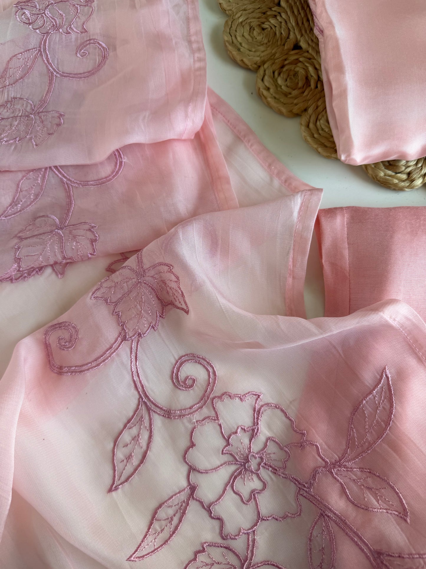 K393 - Viscose organza appliqué work Aline Kurti with pants and dupatta