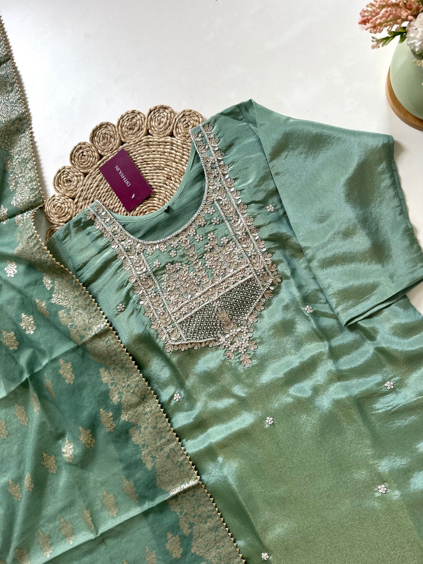 K274 - Gota handwork tissue straight kurti with straight pants and jacquard silk dupatta.