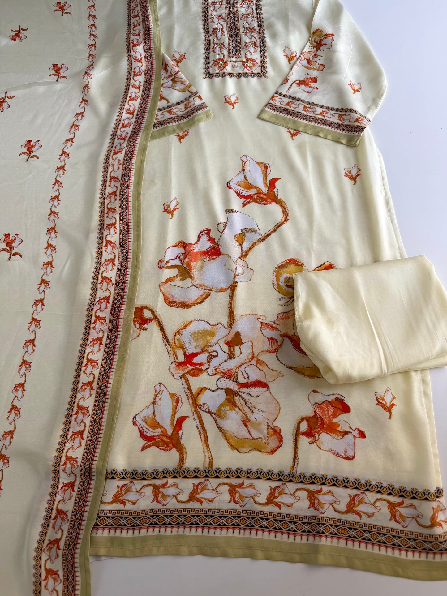 K554 - Muslin silk handwork straight Kurti with pants and dupatta