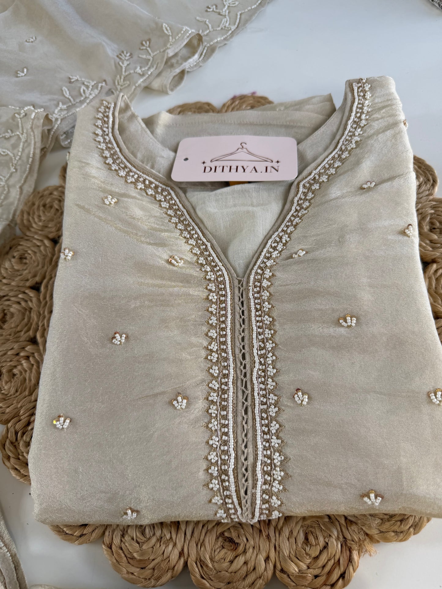 K602 - Tissue silk pearl work straight Kurti with pants and dupatta in 2 colours