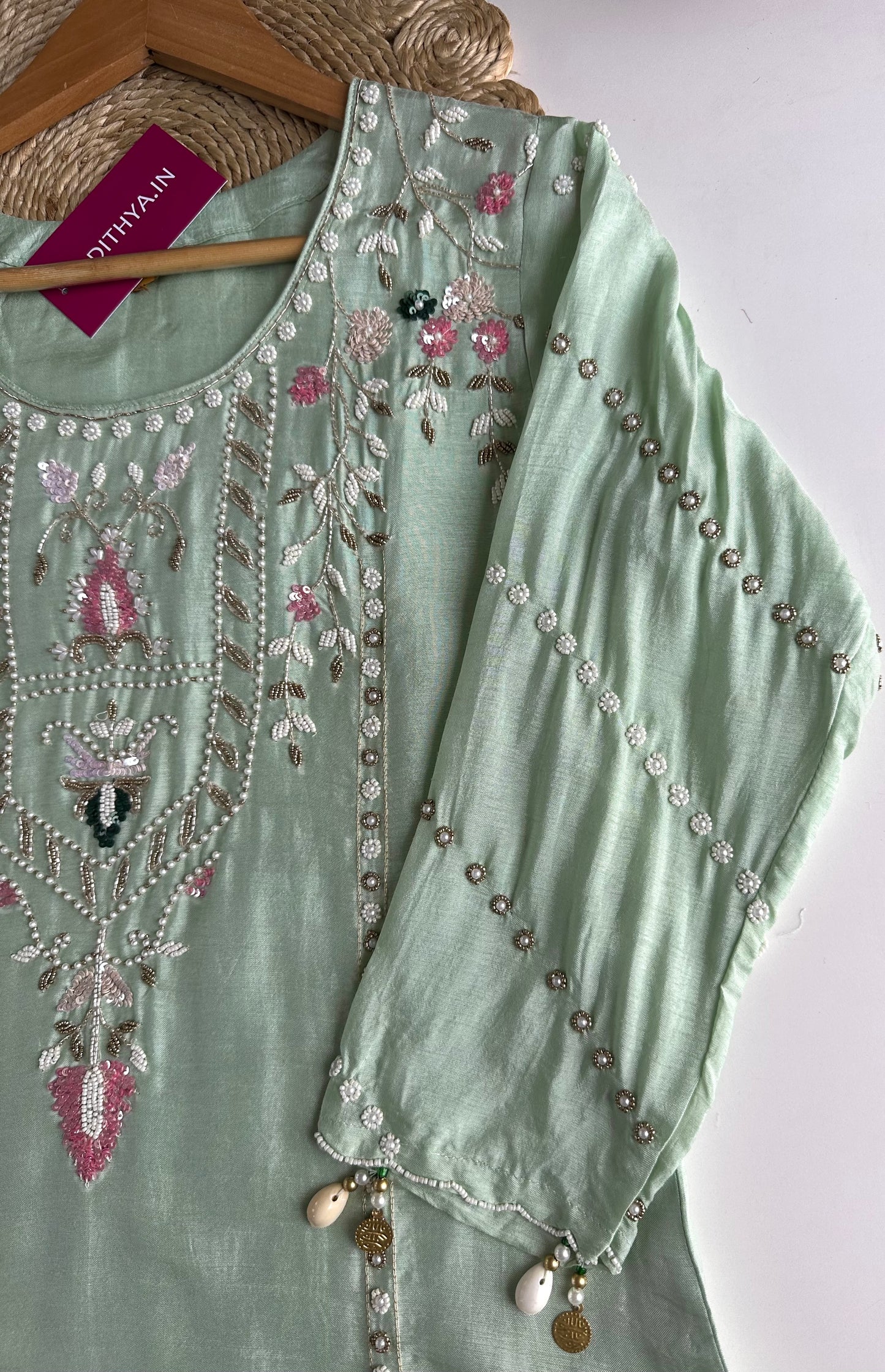 K188 - Russian silk handwork straight Kurti with pants and dupatta