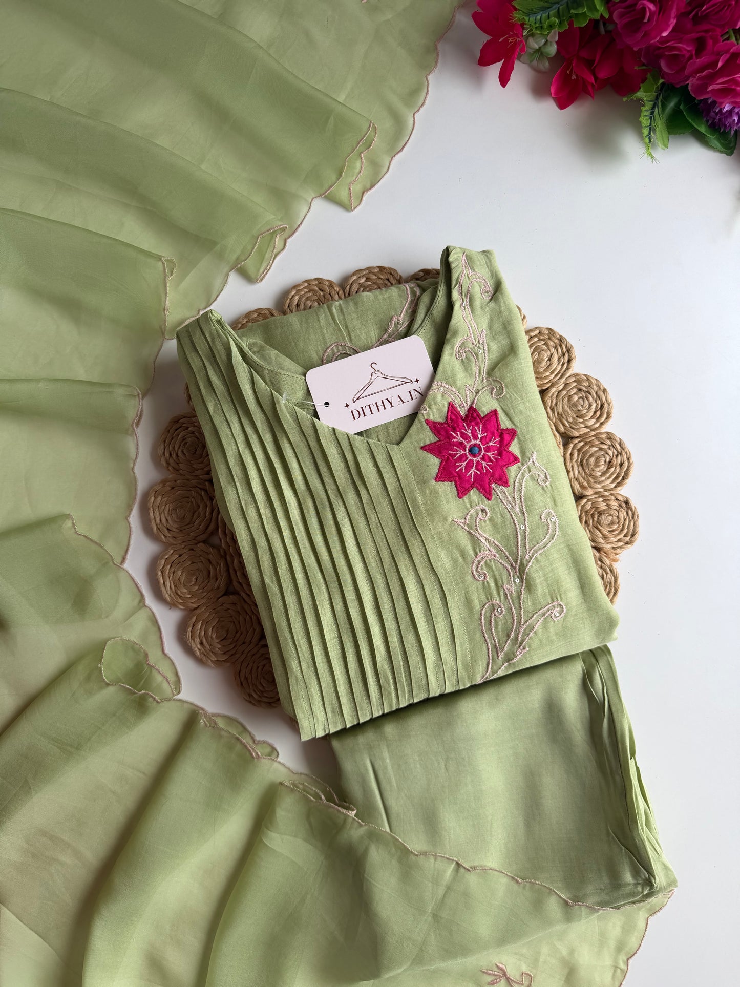 K152 - Mul chanderi appliqué handwork Anarkali with pants and dupatta