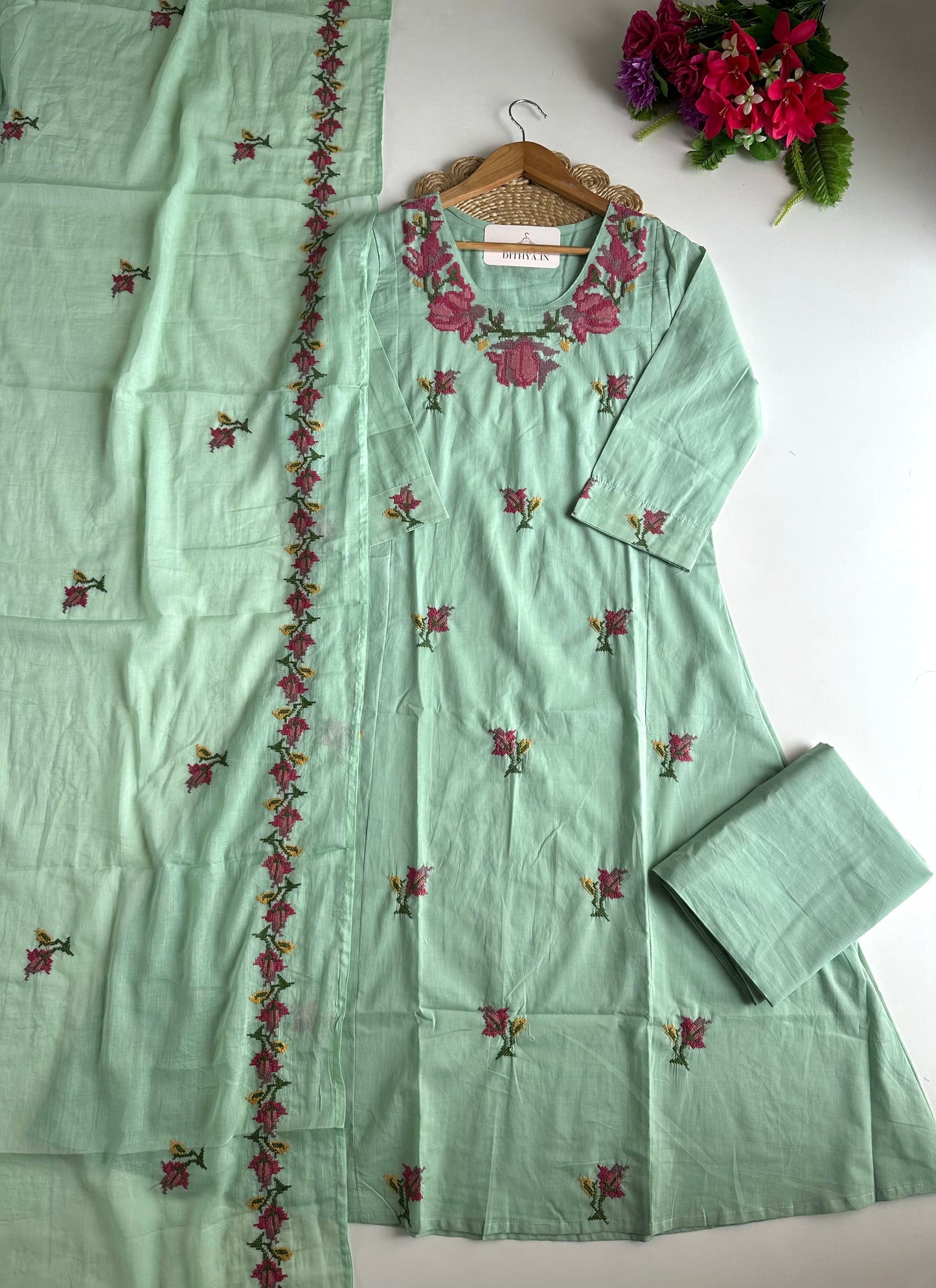 K145 - Mul cotton cross stitch Aline Kurti  with pants and dupatta