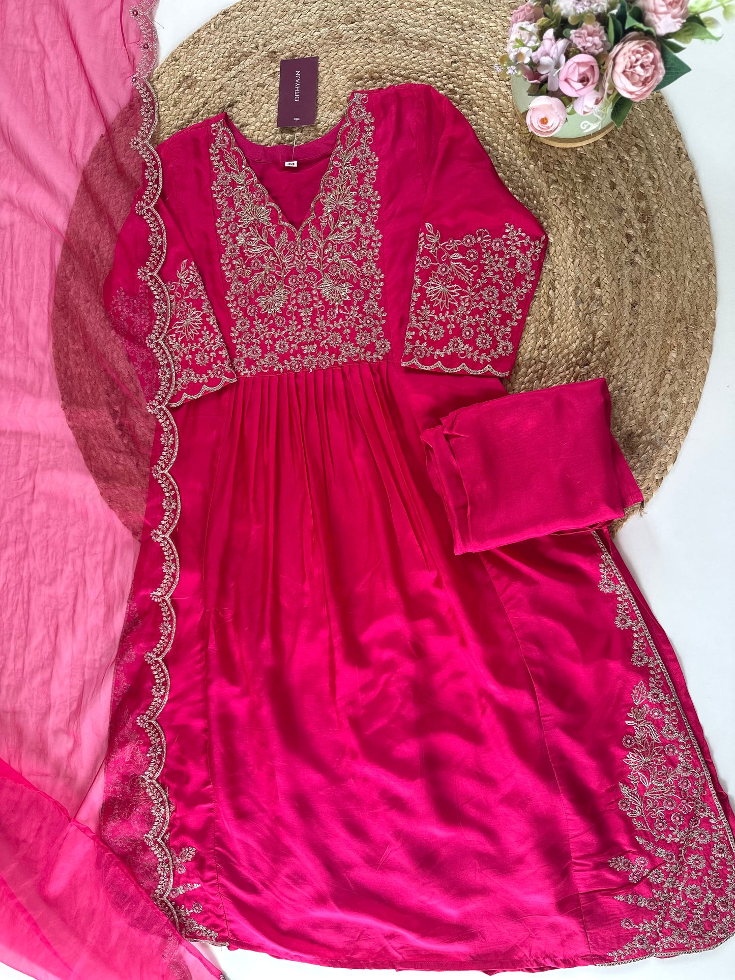 K209 - Russian silk Zari work straight kurti with pants and organza dupatta .