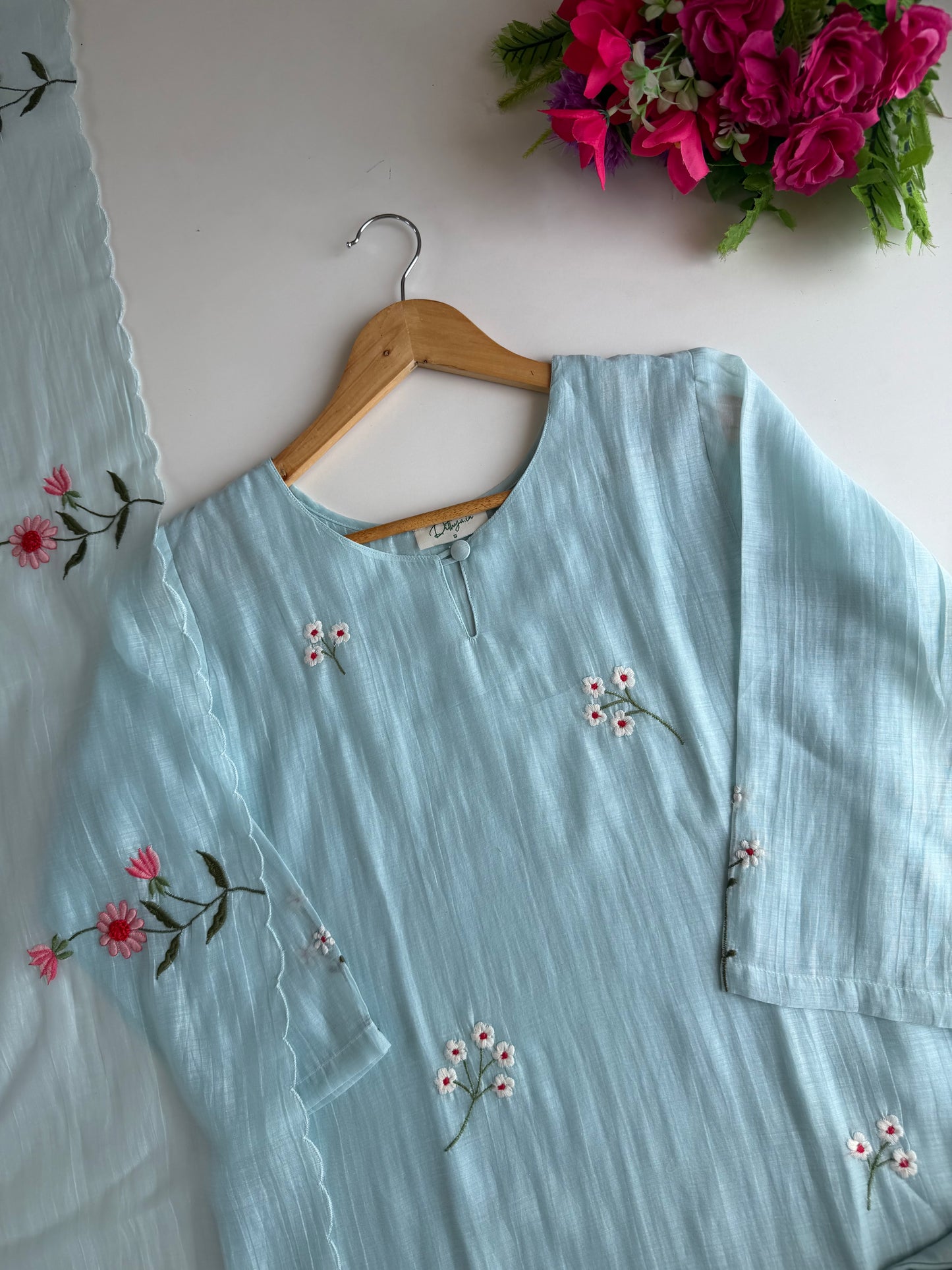 Mul Chanderi embroidered straight Kurti with pants and dupatta