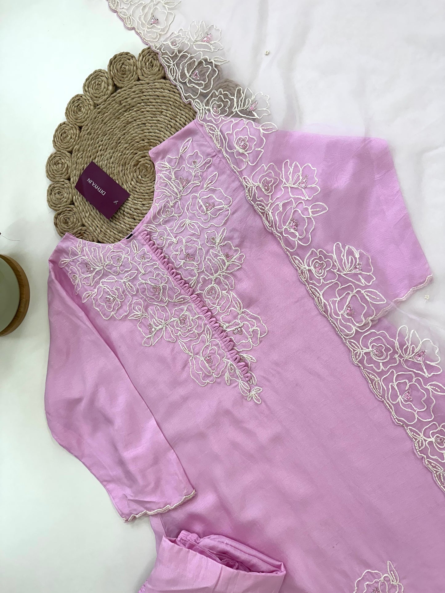 K157 - Dola silk hand embroidered Aline Kurti with pants and dupatta.