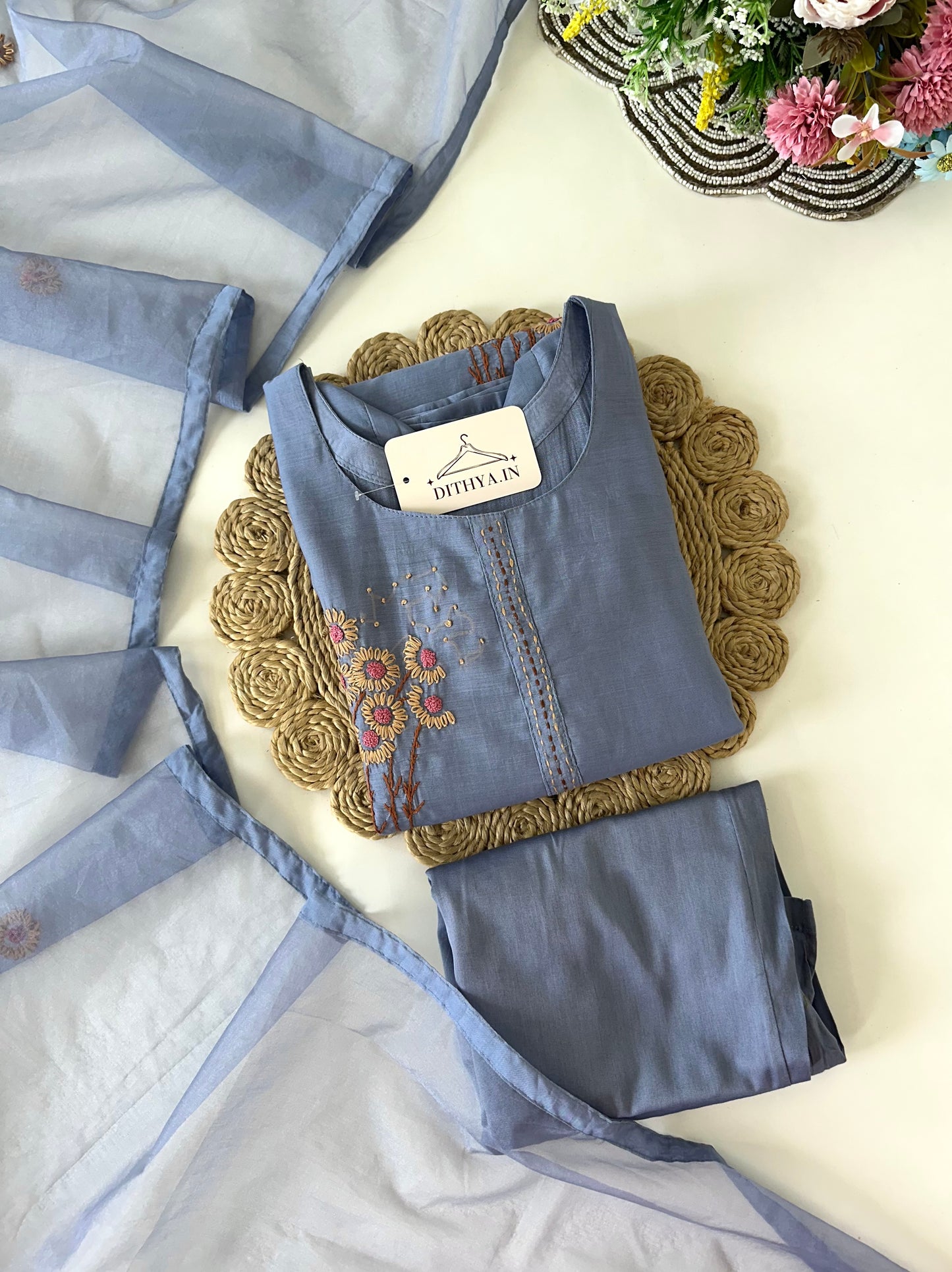 K213 - Mul cotton embroidered straight Kurti with pants and dupatta