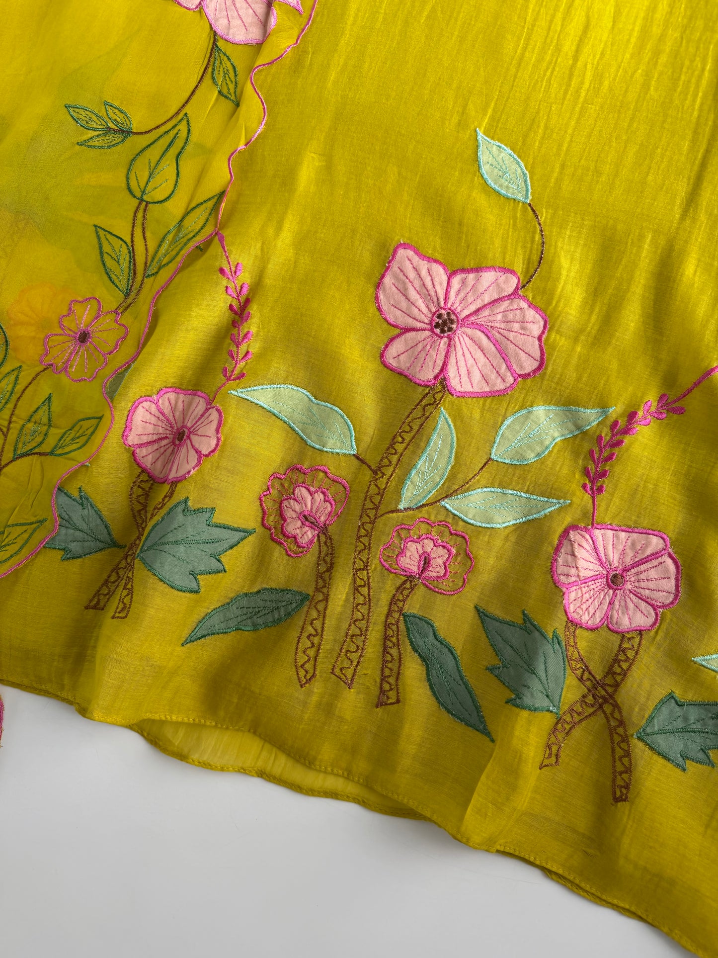 K006 - Mul chanderi appliqué embroidered Aline Kurti with pants and dupatta