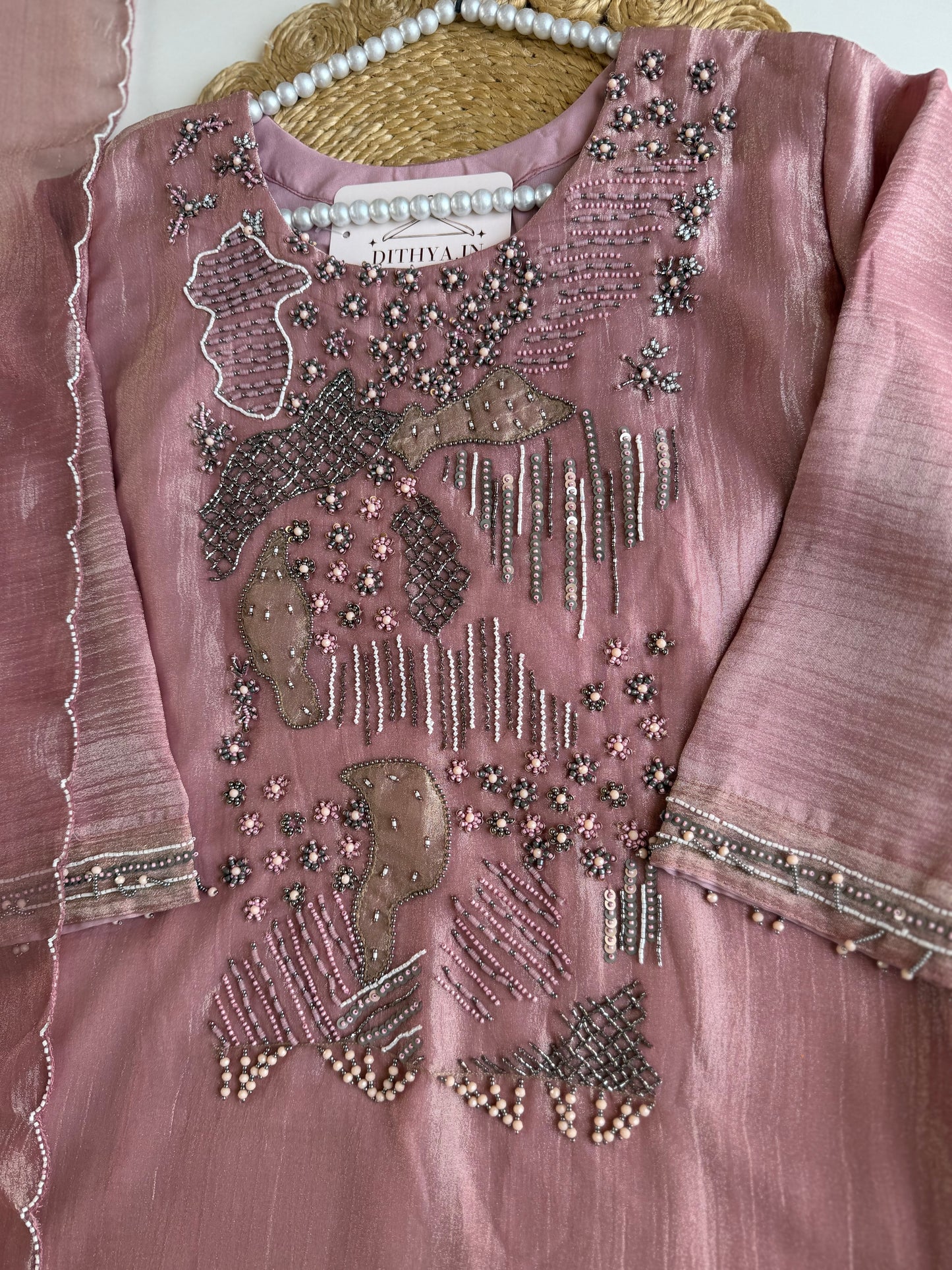 K544 - Crush tissue handwork Aline Kurti with divider pants and dupatta