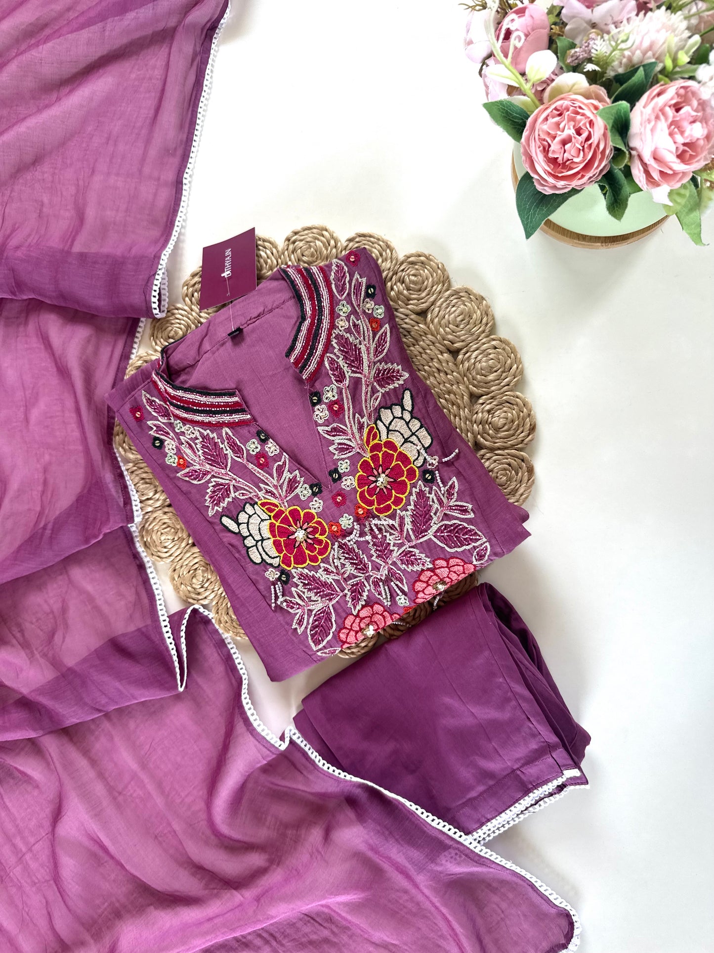 K127 - Mul Chanderi Aline Kurti with pants and dupatta .