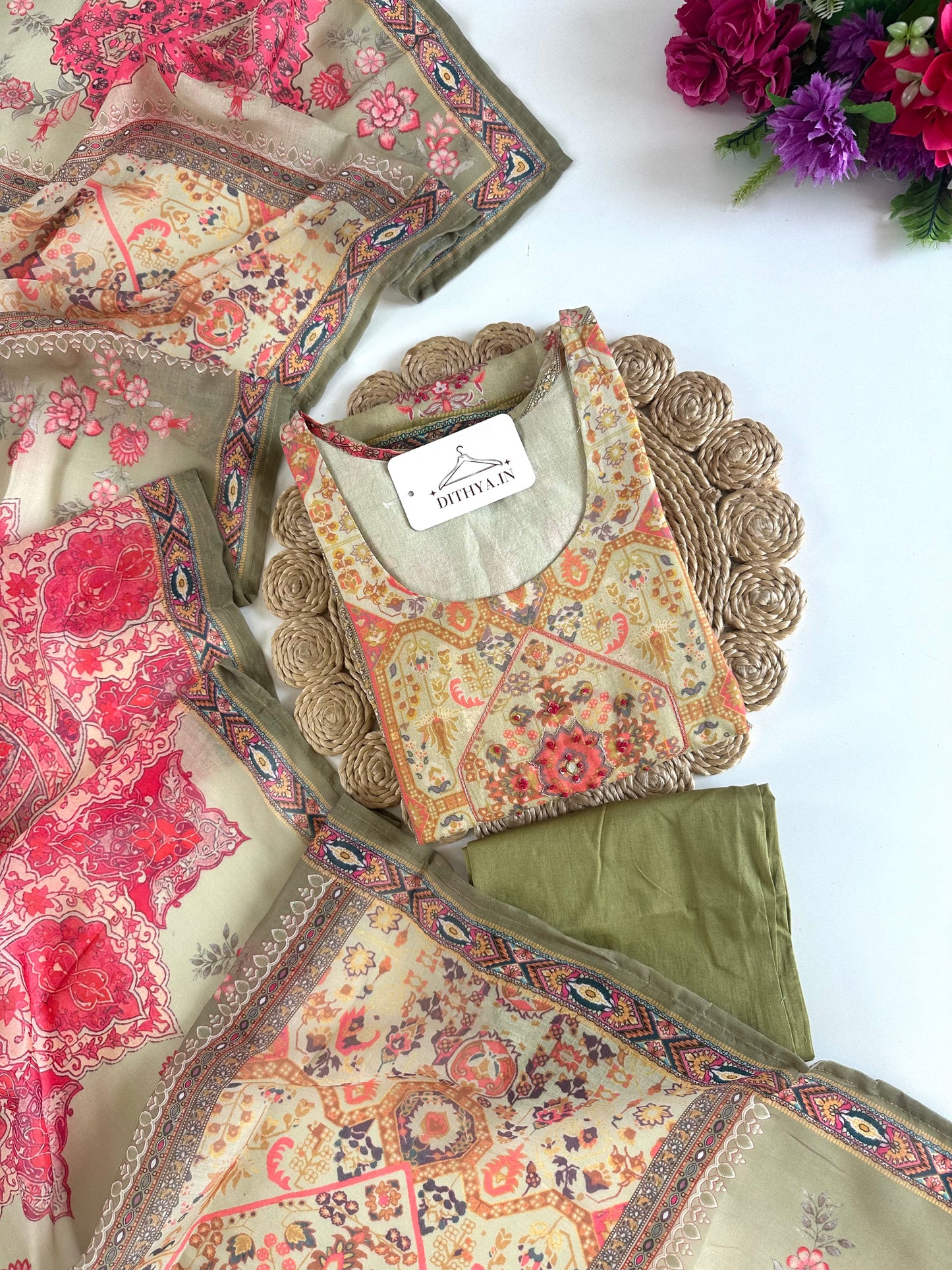 K463 - Mul cotton printed straight Kurti with pants and dupatta
