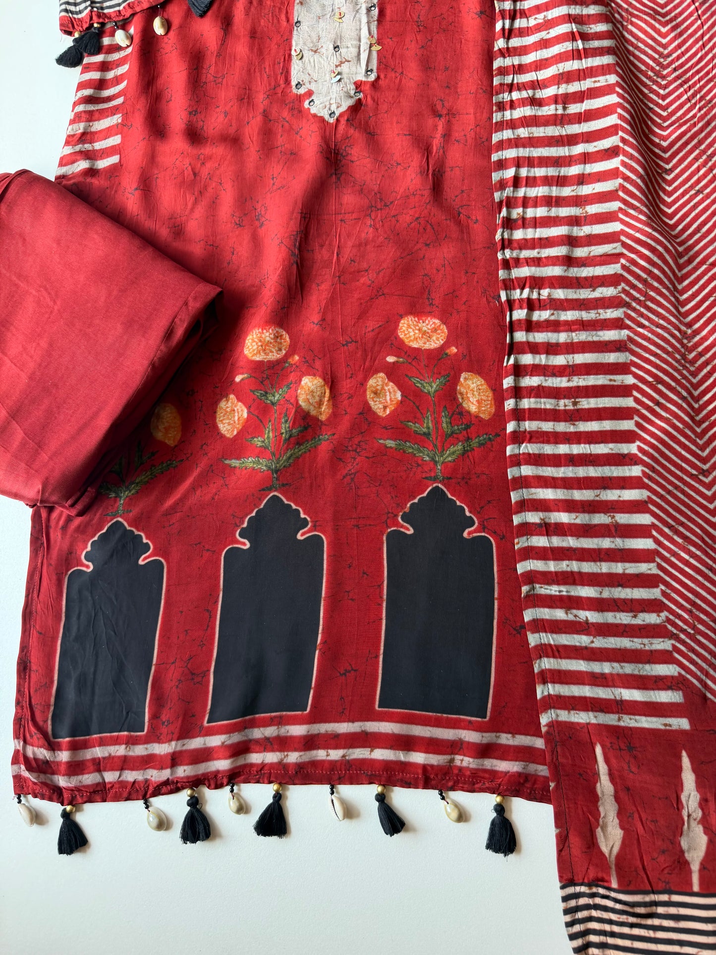 K145 - Pure crape Ajrakh straight Kurti with pants and dupatta