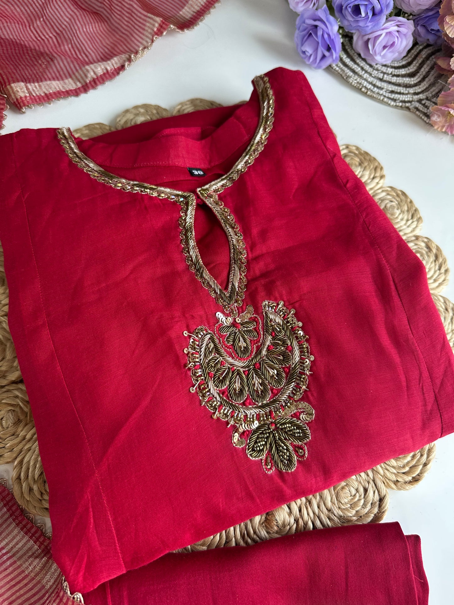 K035 - Mul Chanderi Handwork Aline Kurti with pants and dupatta in 2 colours