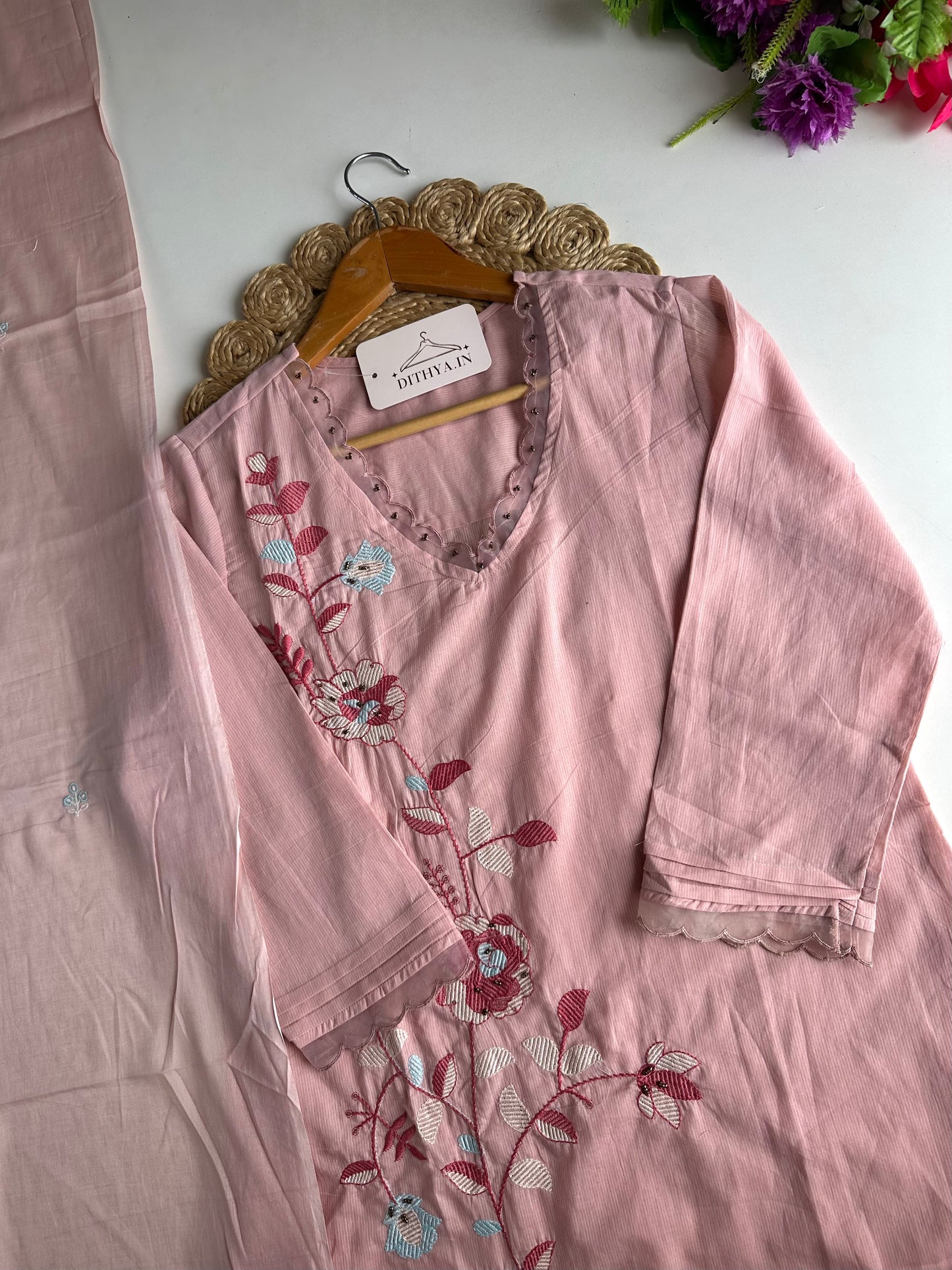 K674 - Mul cotton embroidered straight Kurti with pants and dupatta