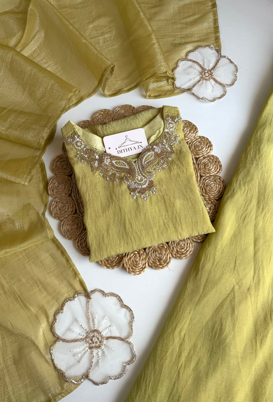 K021 - Crush tissue handwork short Kurti with divider pants and dupatta