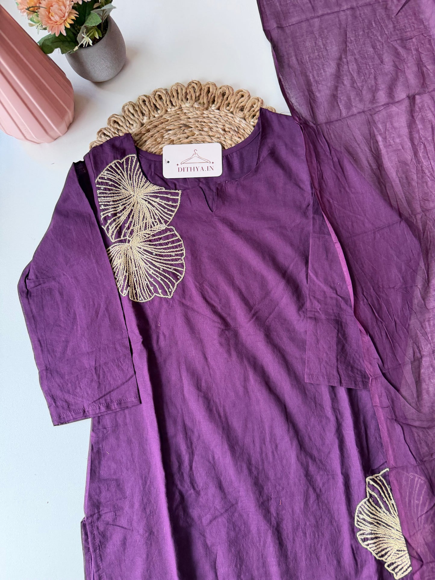 K582 - Cotton embroidery straight Kurti with pants and dupatta