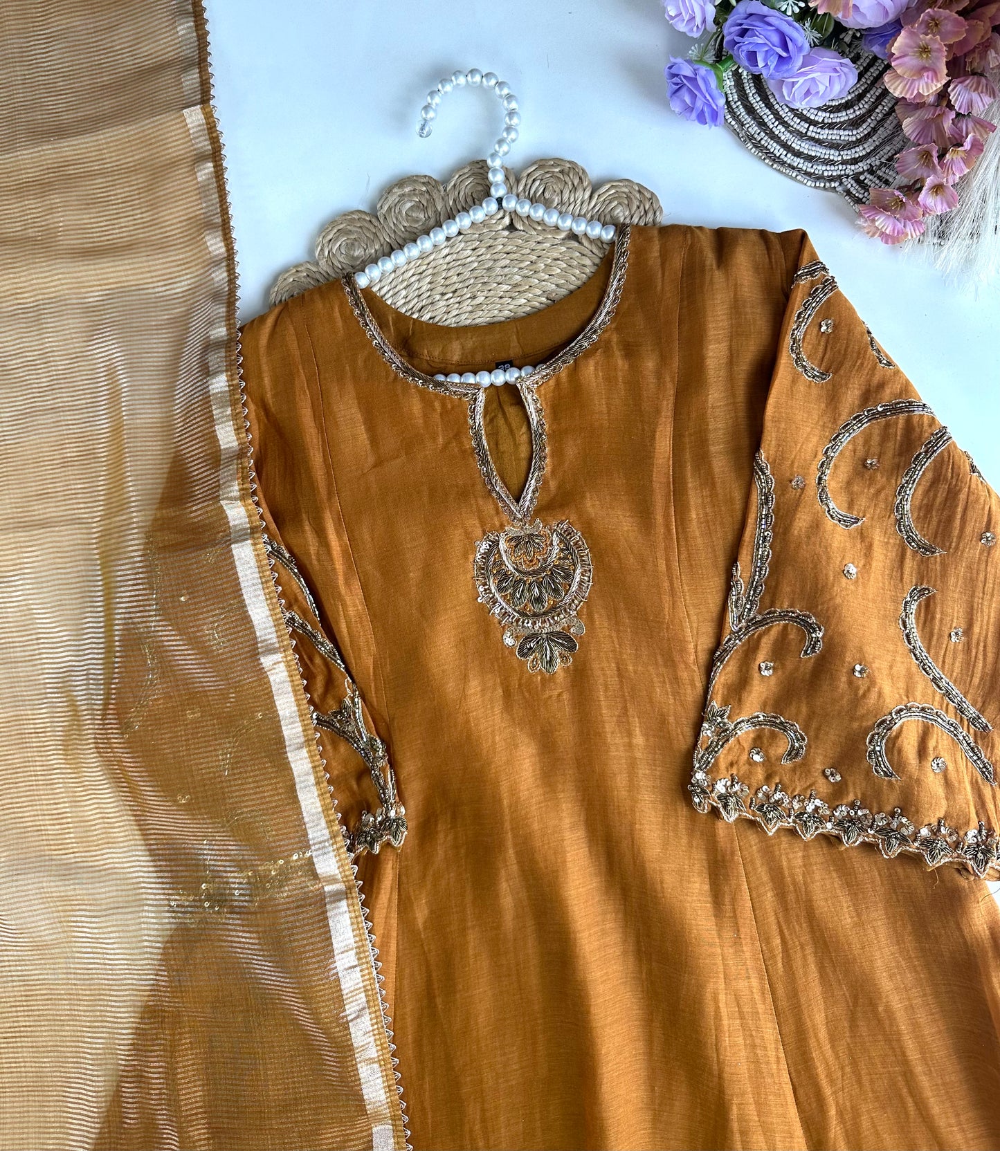 K035 - Mul Chanderi Handwork Aline Kurti with pants and dupatta in 2 colours