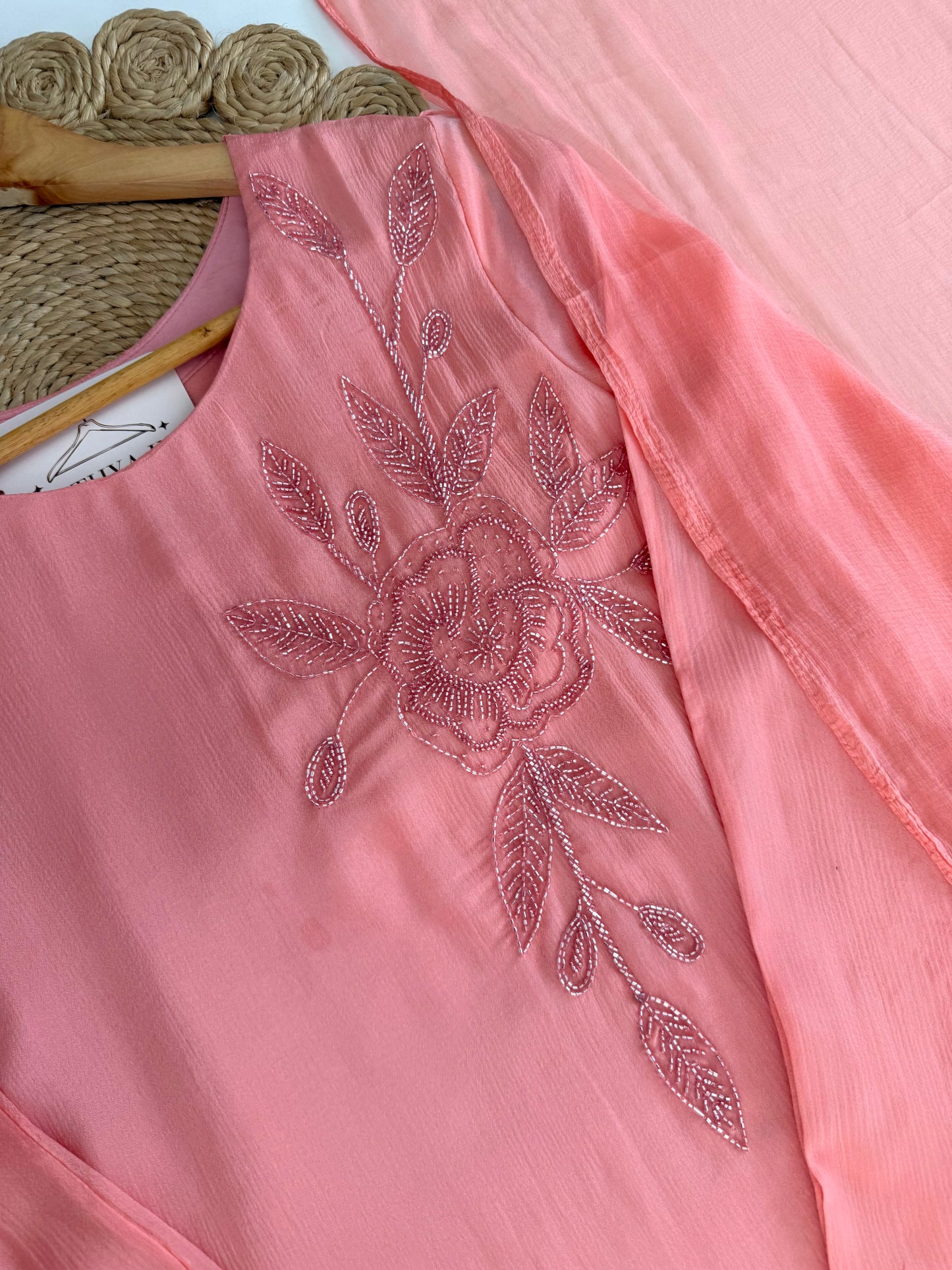 K057 - Pure Chinnon Handwork Aline Kurti with pants and dupatta