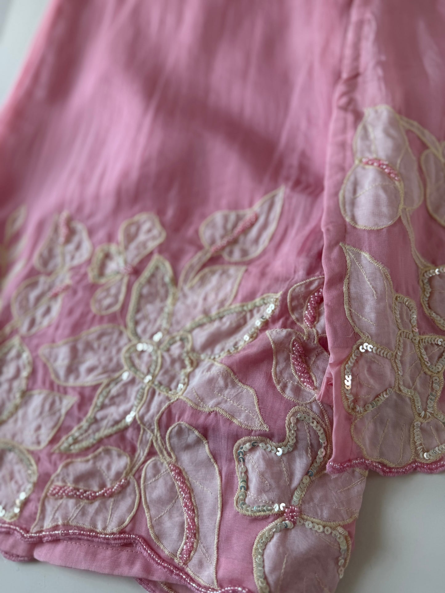 K046 - Viscose organza appliqué handwork short Kurti with divider pants and dupatta