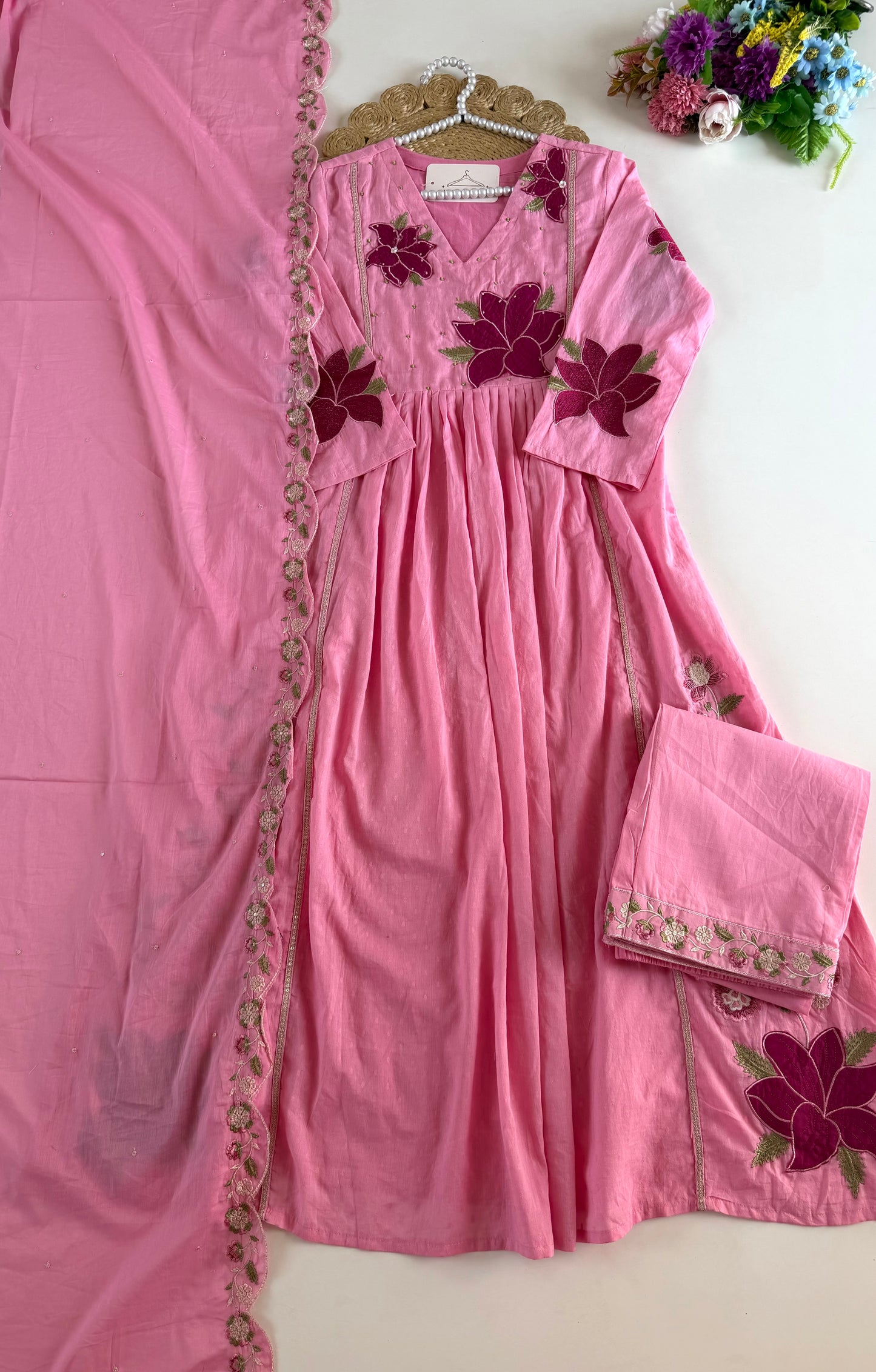 K215 - Mulmul cotton embroidered Anarkali with pants and dupatta