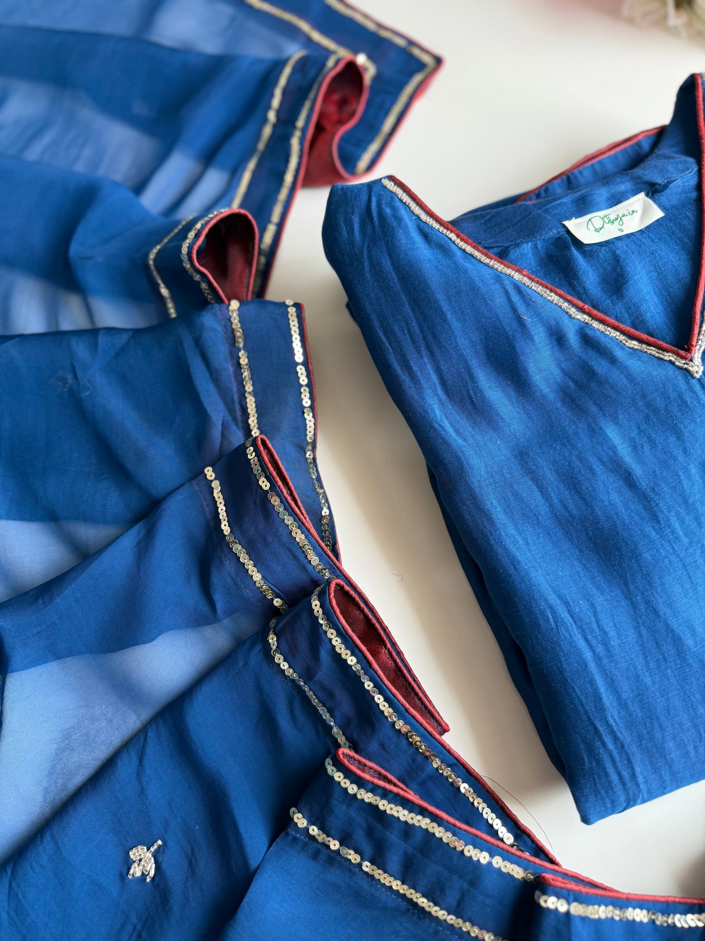 K444 - Mul chanderi handwork Aline Kurti with pants and dupatta