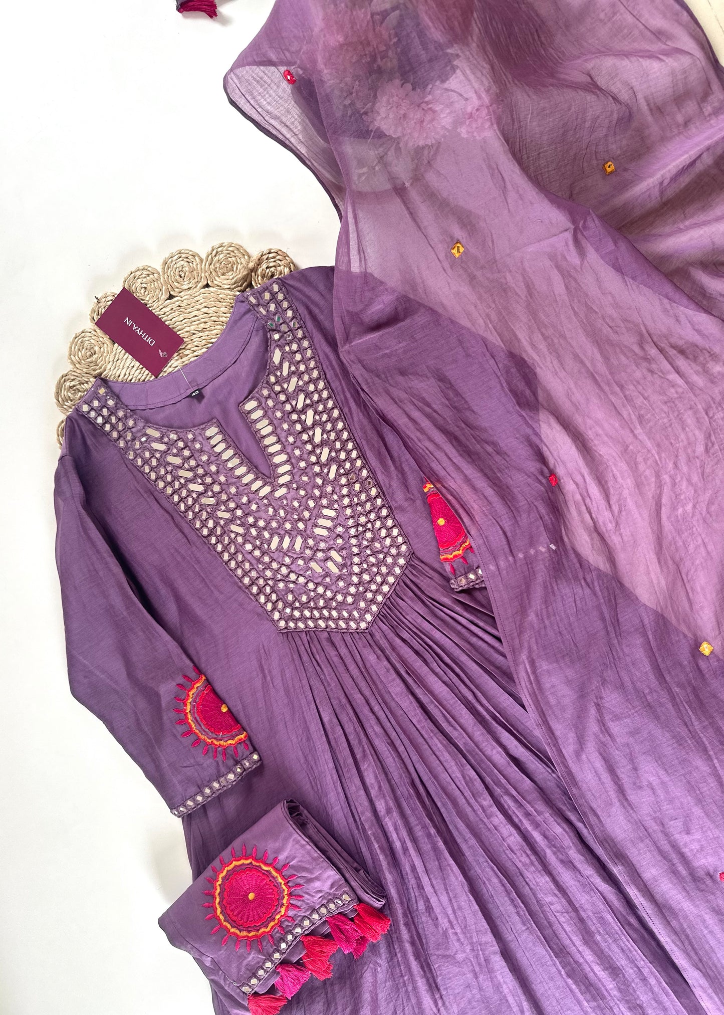 K052 - Pure Mul Chanderi mirror work  Anarkali with pants and dupatta.