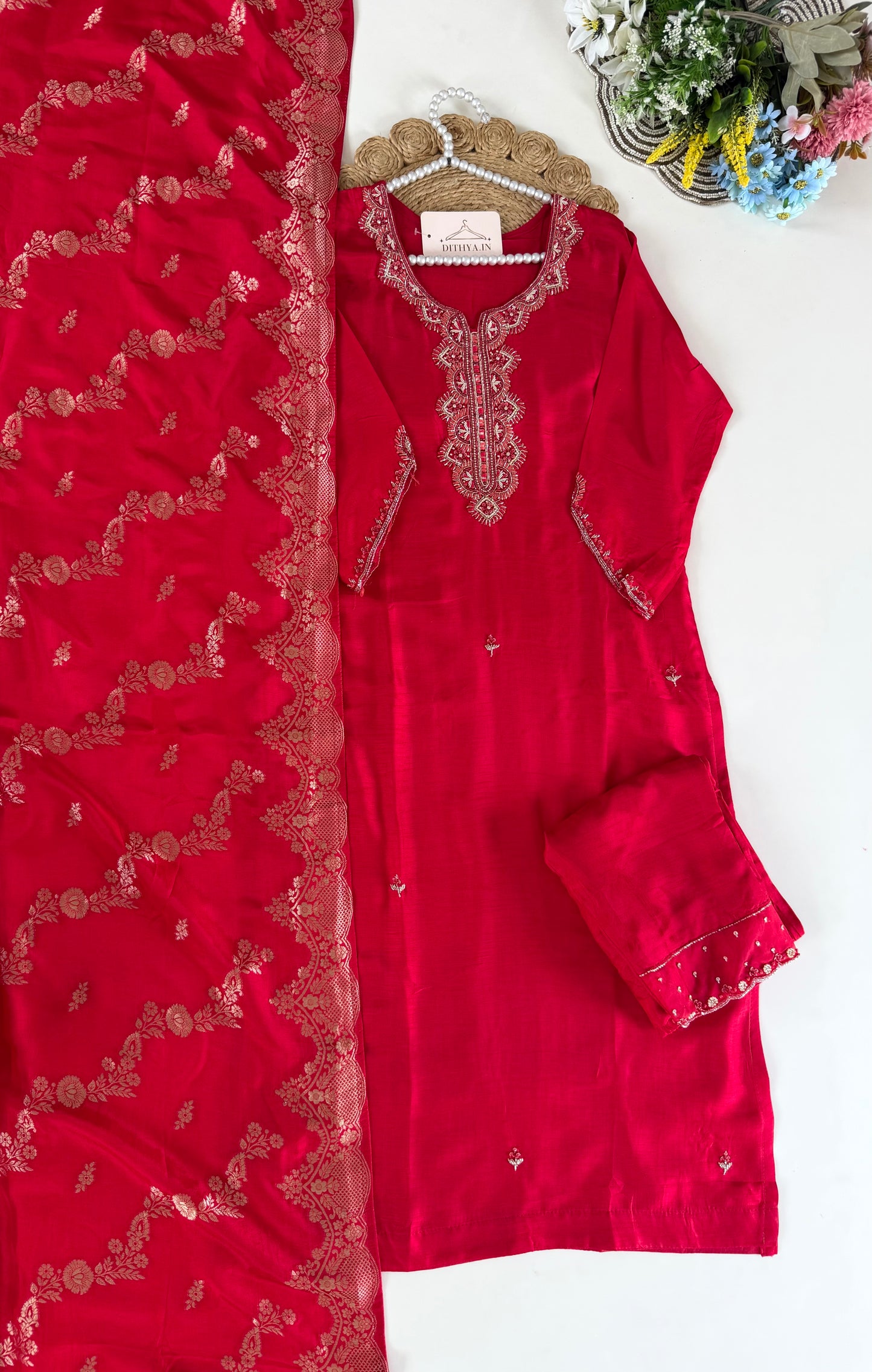 K641 - Dola silk Handwork straight Kurti with pants and dupatta