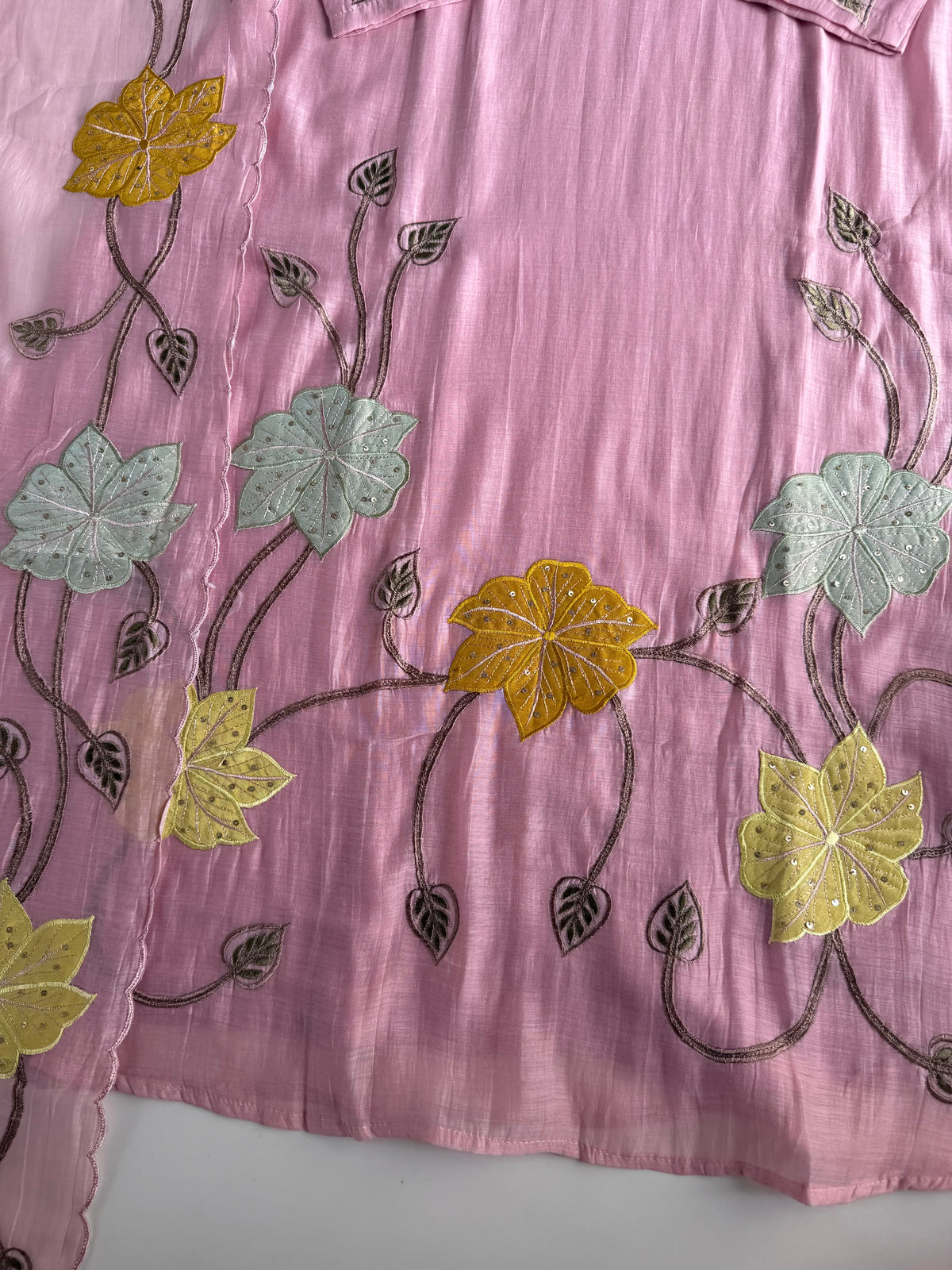 K185 - Mul chanderi appliqué embroidered Aline Kurti with pants and dupatta