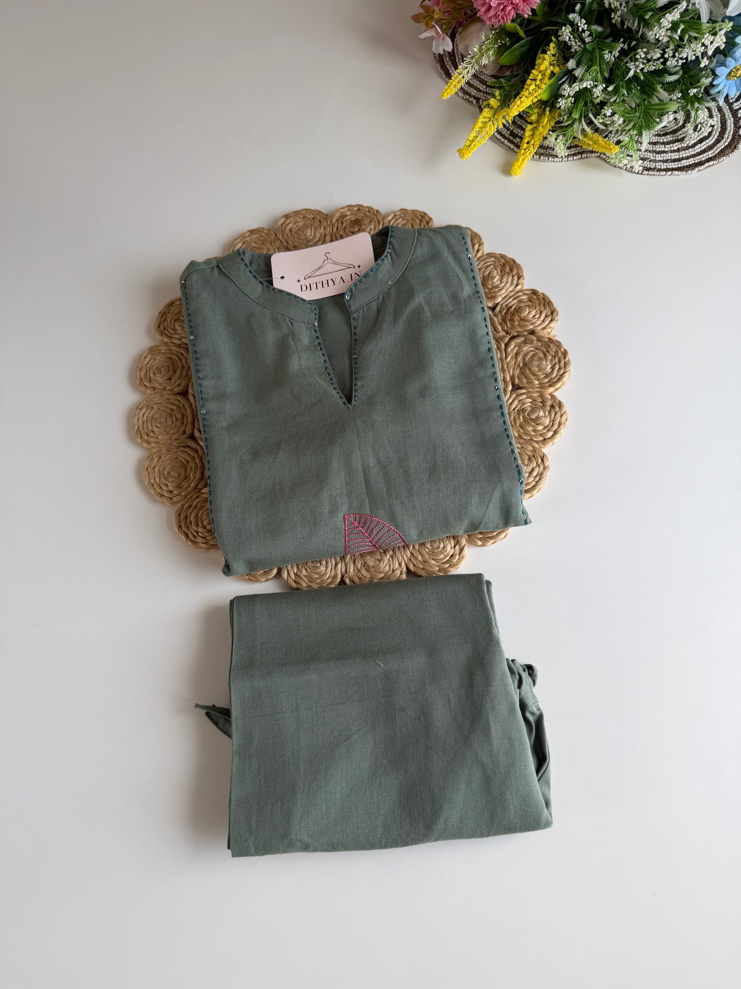 K660 - Linen cotton embroidered Aline Kurti with pants