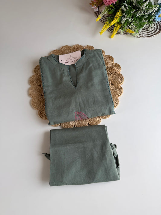 K660 - Linen cotton embroidered Aline Kurti with pants