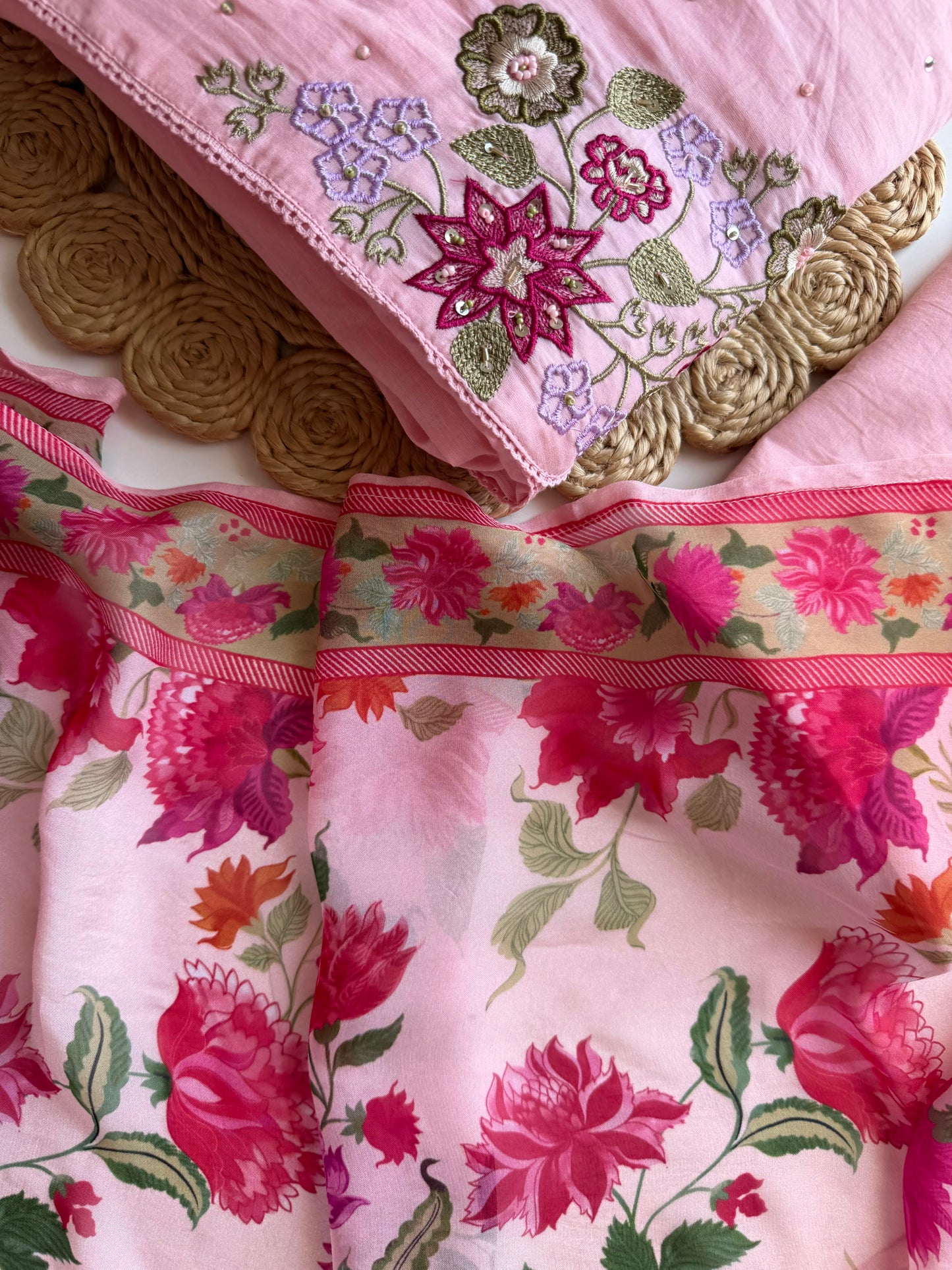 K089 - Mulmul cotton embroidered Anarkali with pants and dupatta