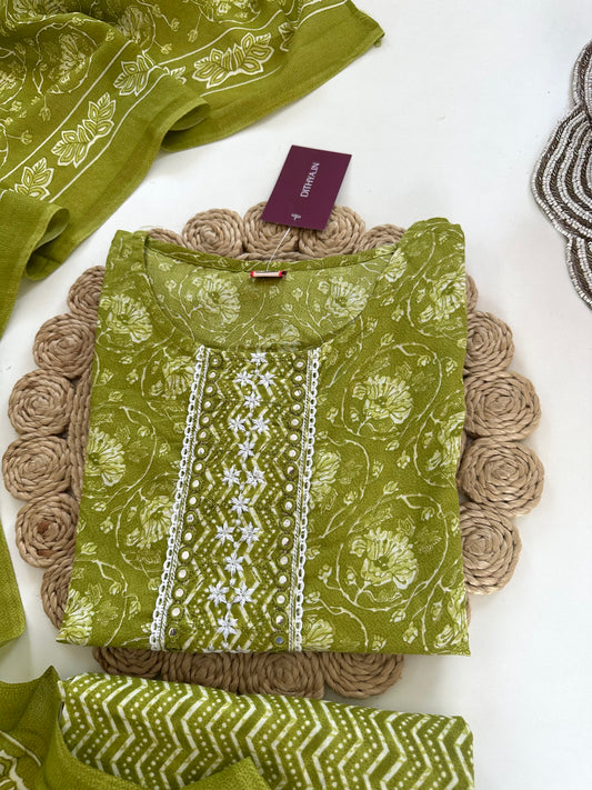 K093 - Cotton printed straight Kurti with pants and dupatta
