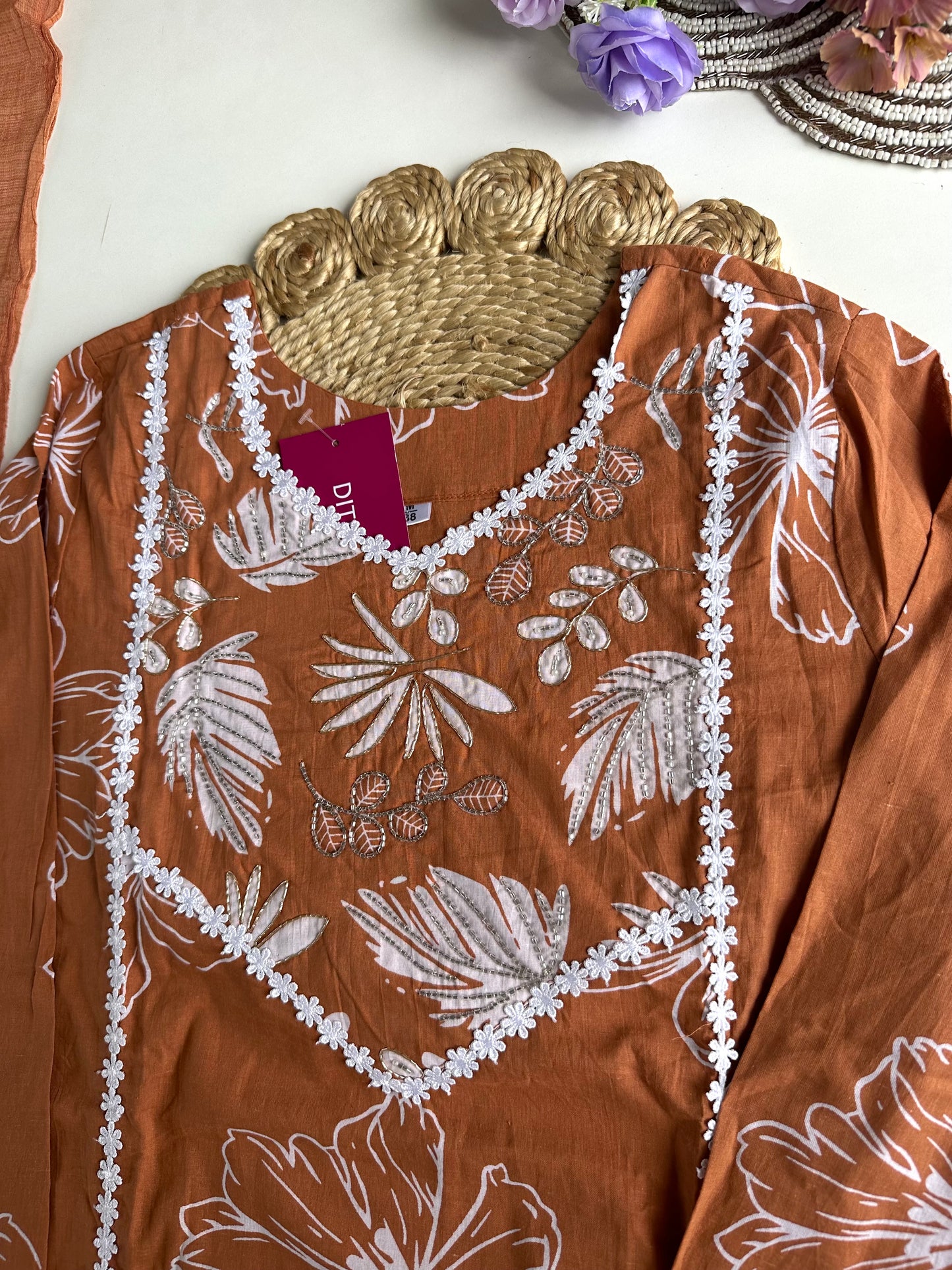K217 - Cotton floral straight kurti with pants and dupatta
