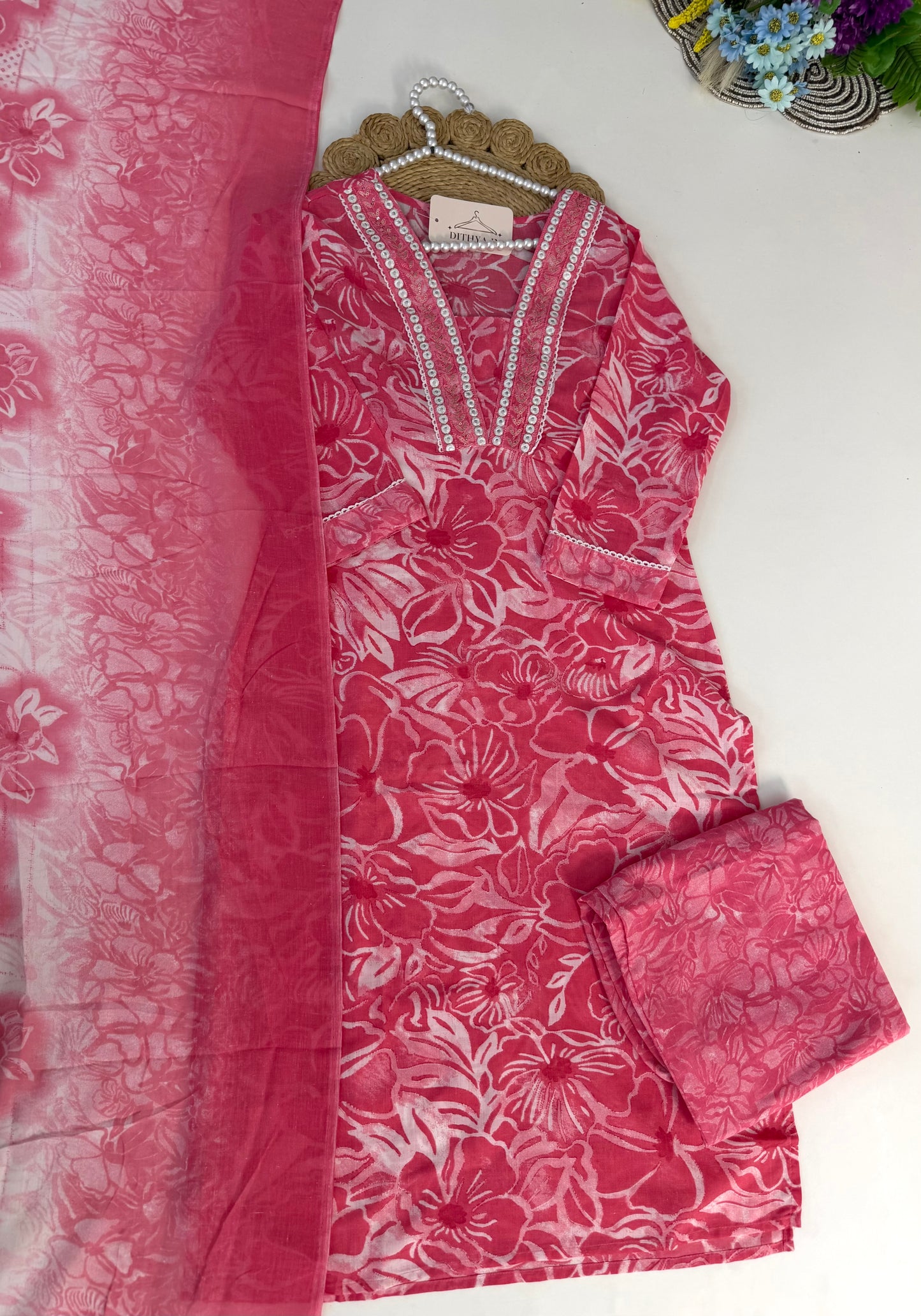 K341 - Cotton embroidered straight Kurti with pants and dupatta