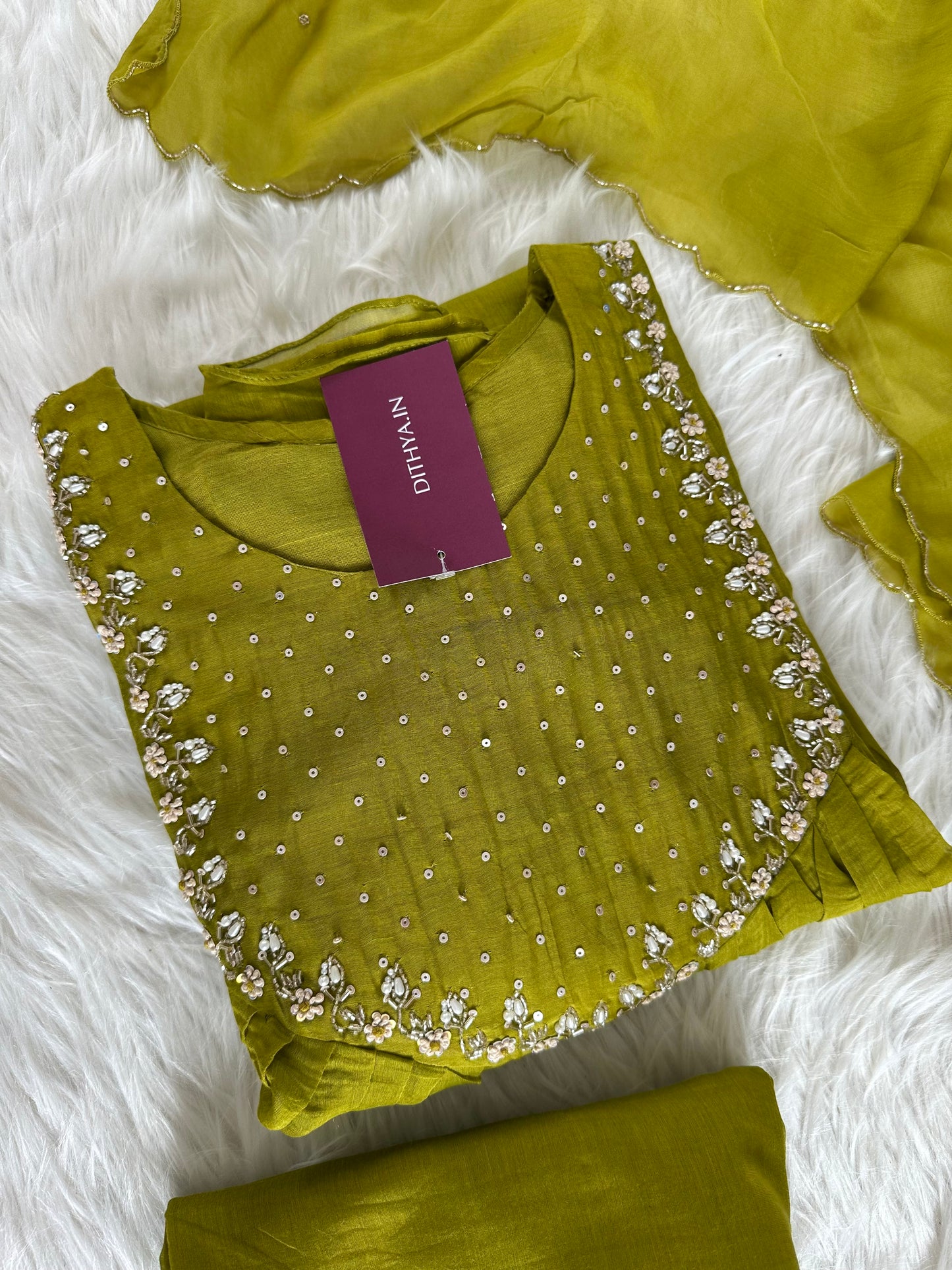 K087 - Mul Chanderi handwork Aline Kurti with pants and dupatta in 3 colours