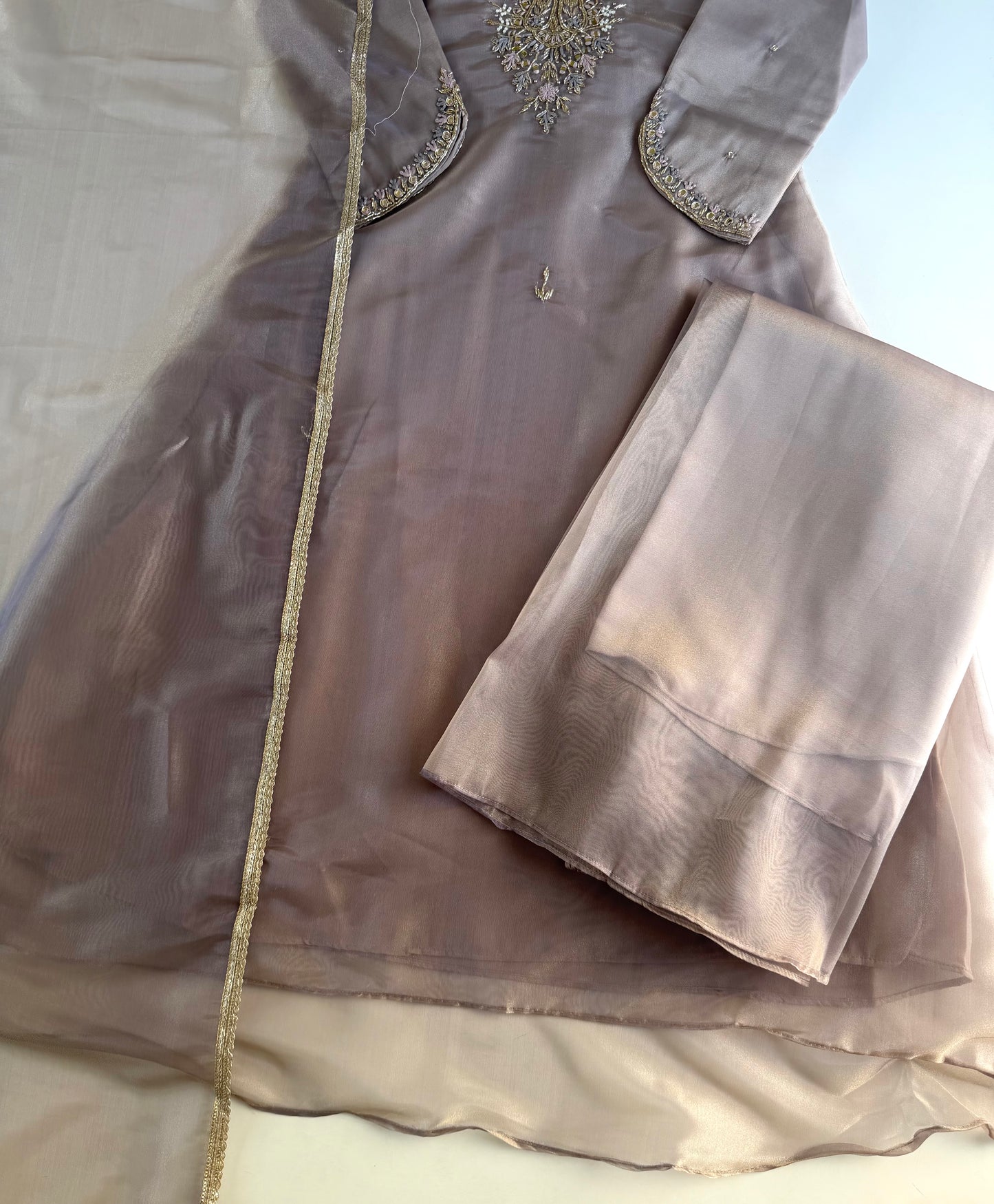 K540 - Tissue silk handwork aline Kurti with pants and dupatta