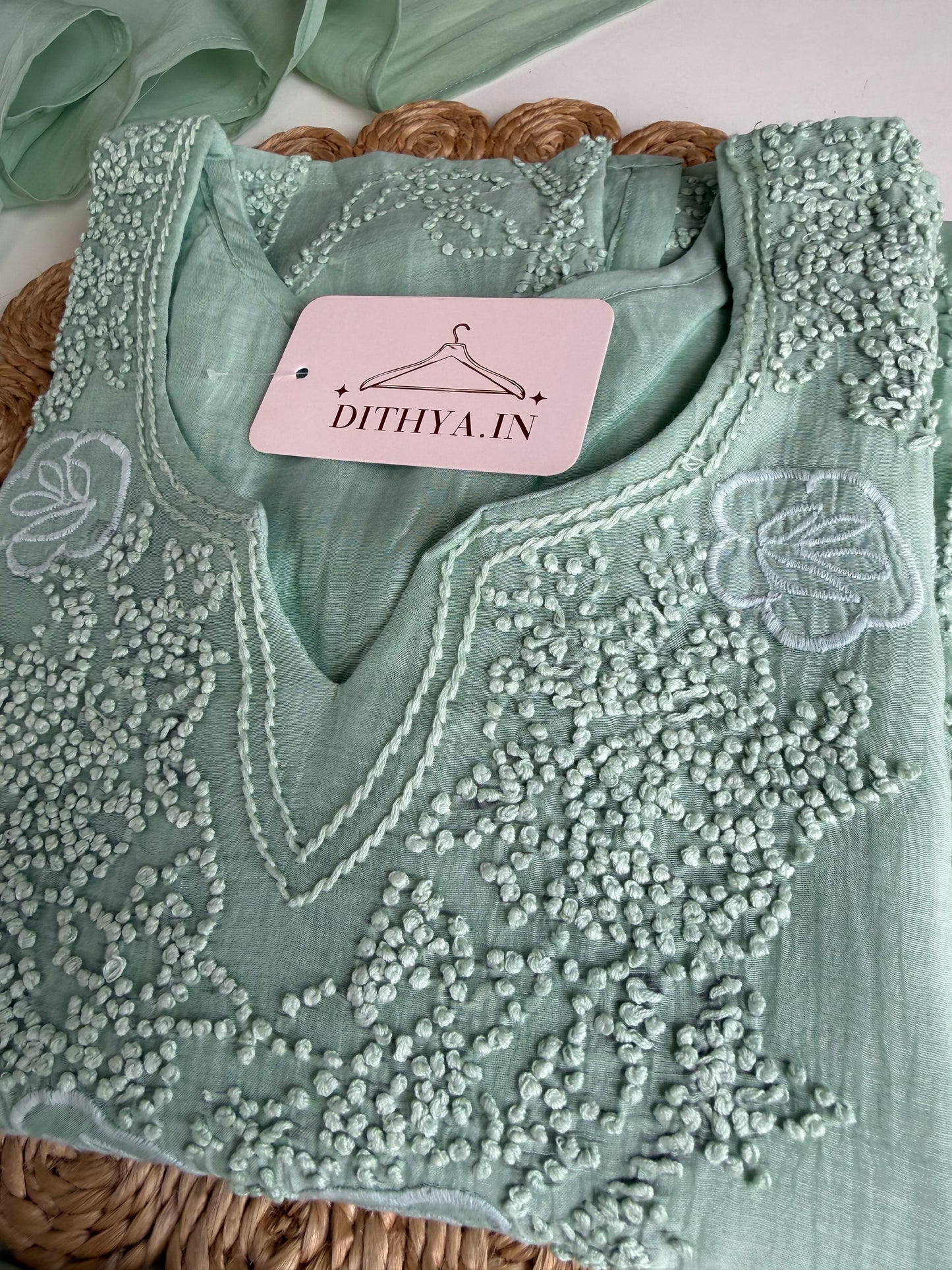 K010 - Mul chanderi embroidered straight Kurti with pants and dupatta